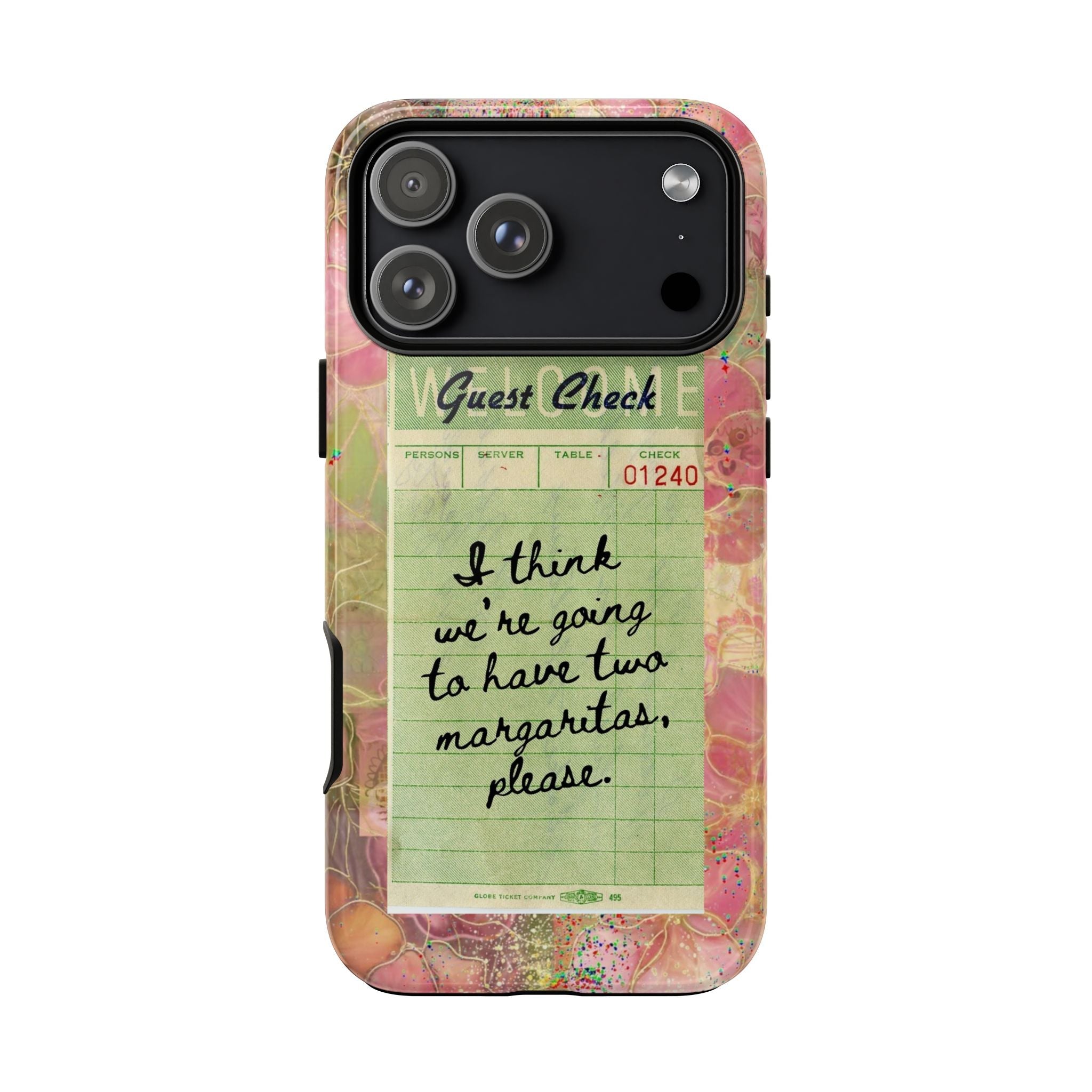 Guest Check margarita phone case, pink floral with green receipt panel for notes