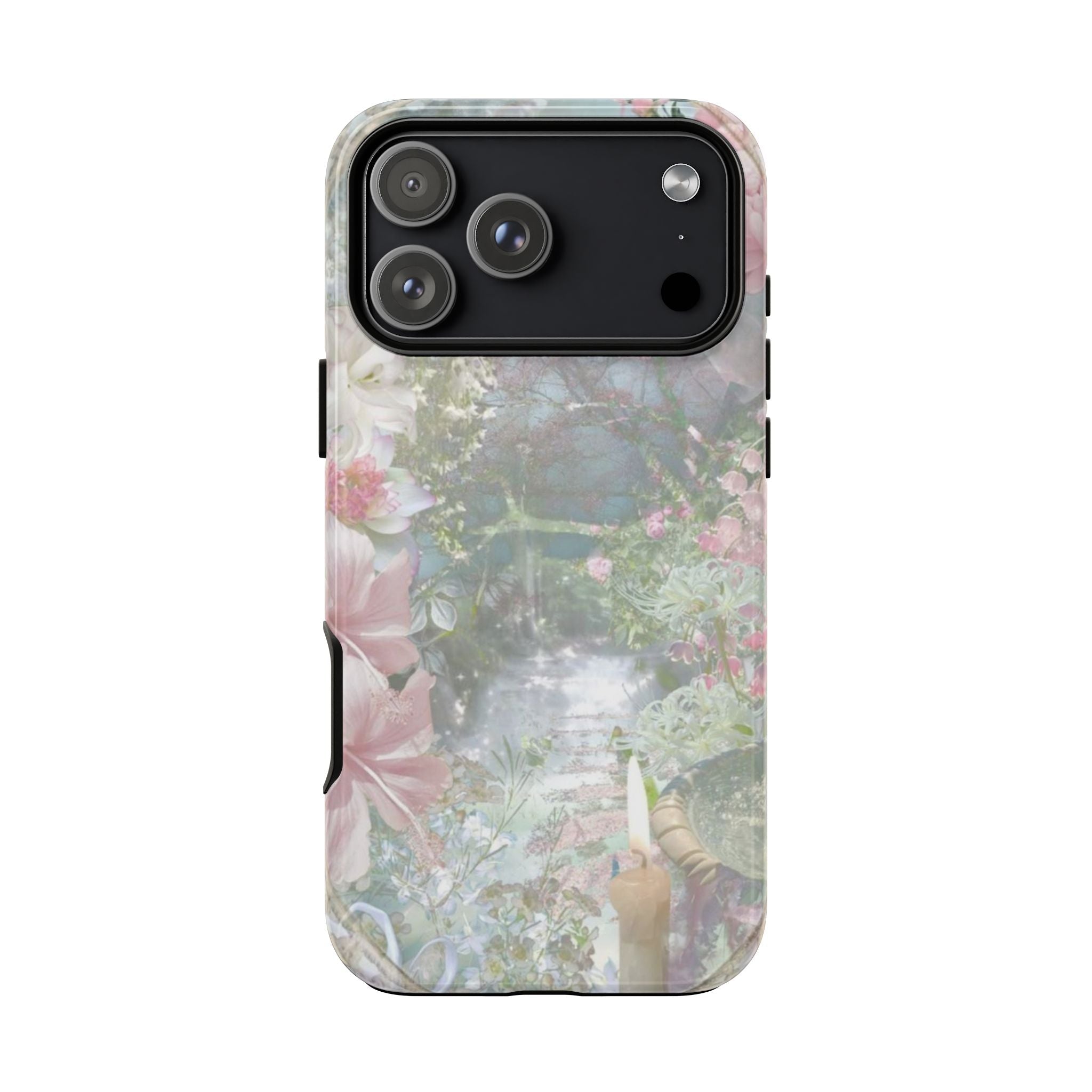 Pastel floral phone case with black camera panel and side button cutouts