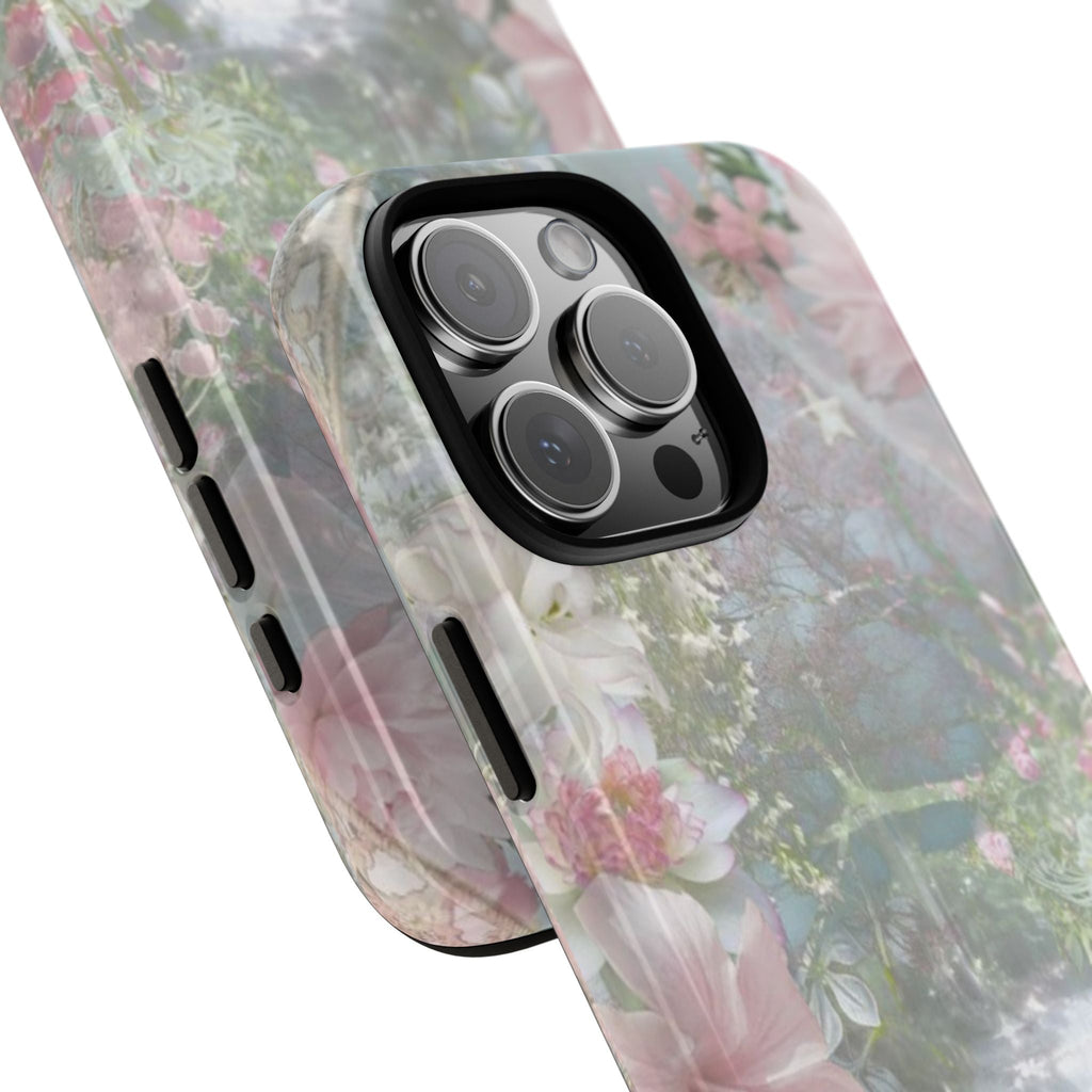 Pastel floral phone case corner view with camera lens openings