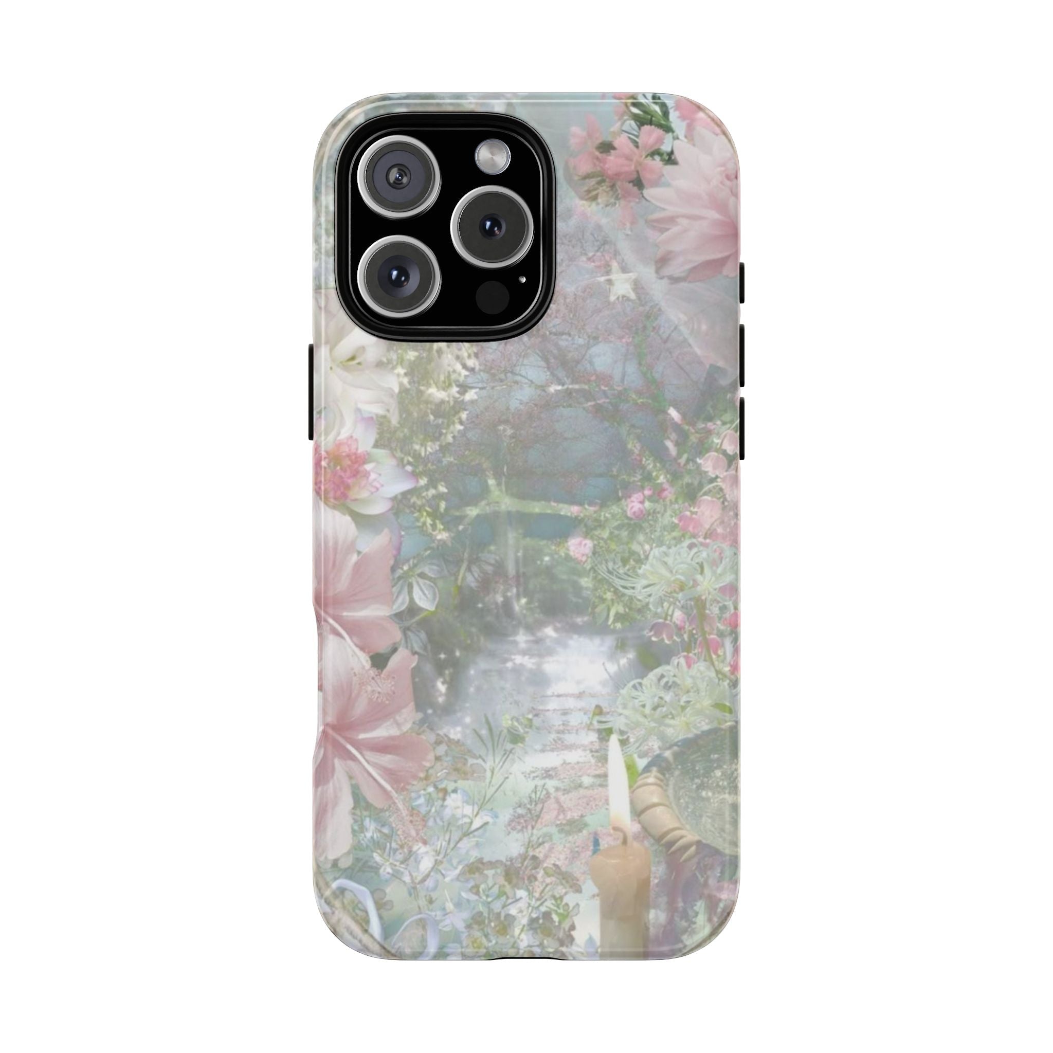 WHIMSY light phone case with pastel floral print and raised camera cutout