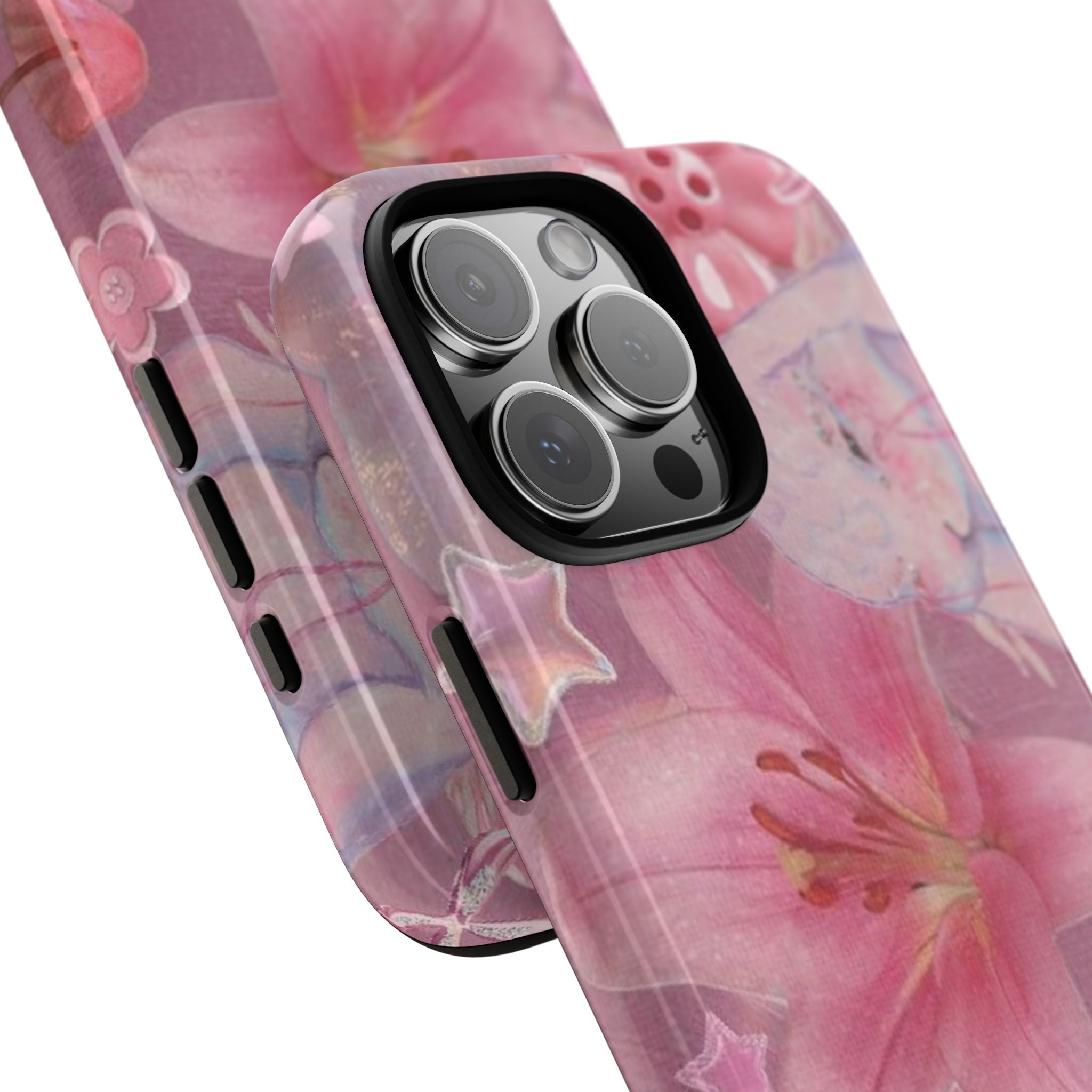 Floral lily phone case angled view with three camera openings and pink blossom print