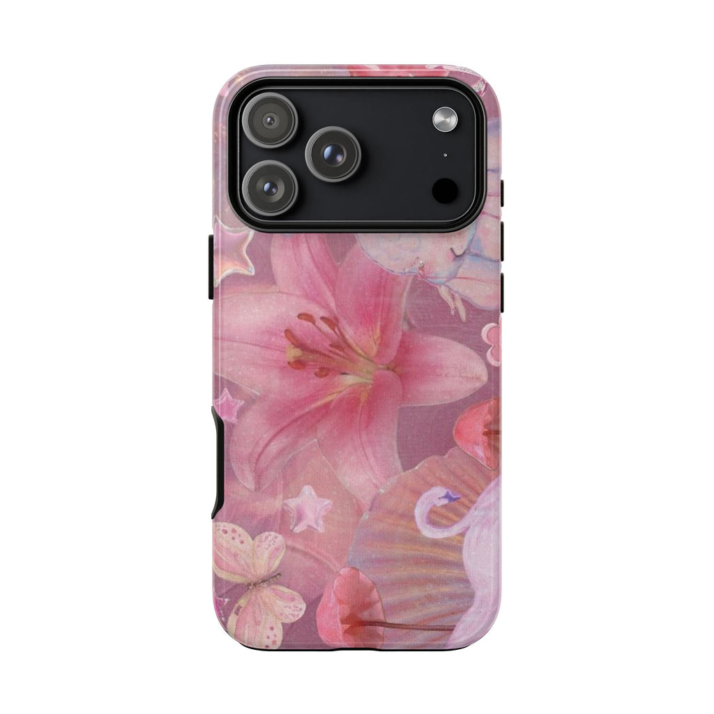 Pink lily floral protective phone case with matching pattern around camera module