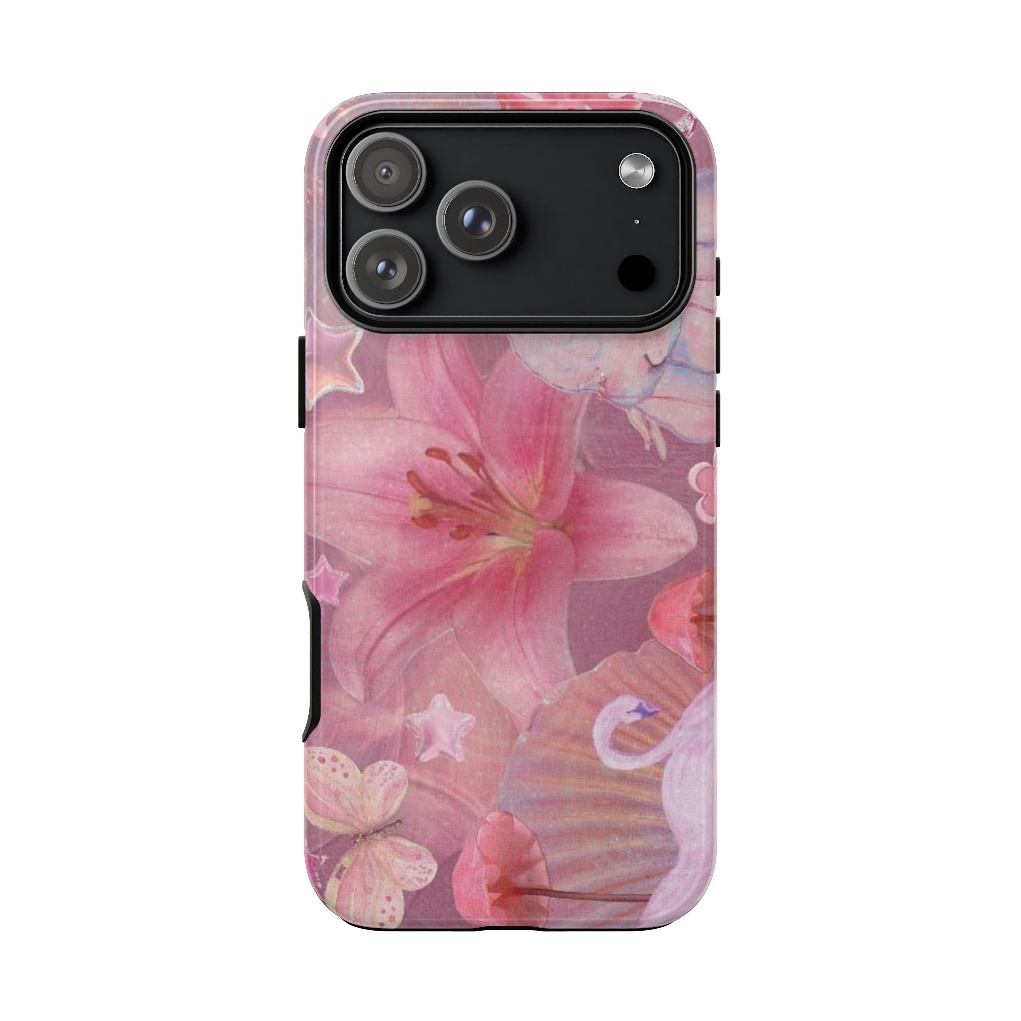 Pink lily floral protective phone case with matching pattern around camera module
