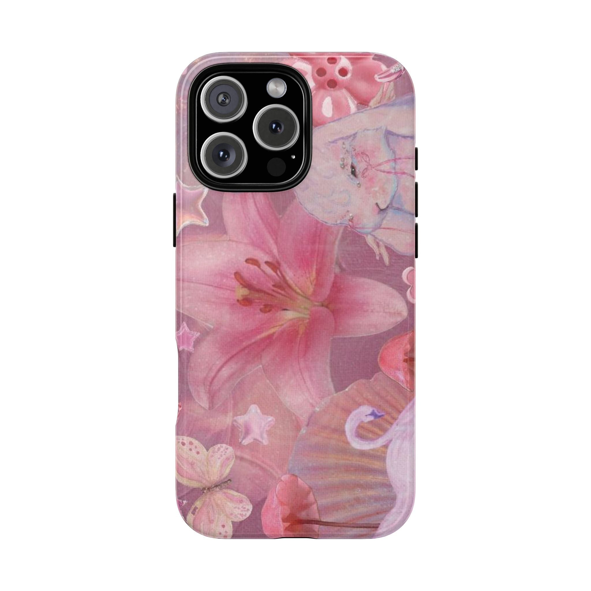 Pink lily floral phone case with heart-and-flower pattern and black camera cutout