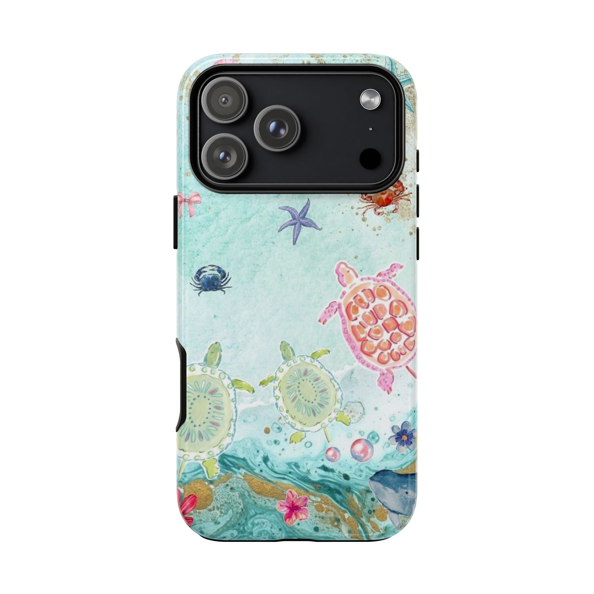 Sea-inspired phone case with ocean turtles, starfish and coral; raised camera frame