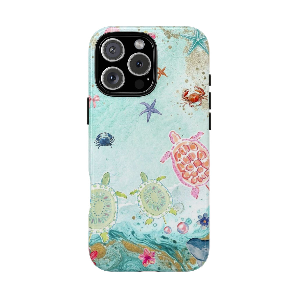 Ocean-themed phone case with blue water print, starfish and turtle; camera cutouts