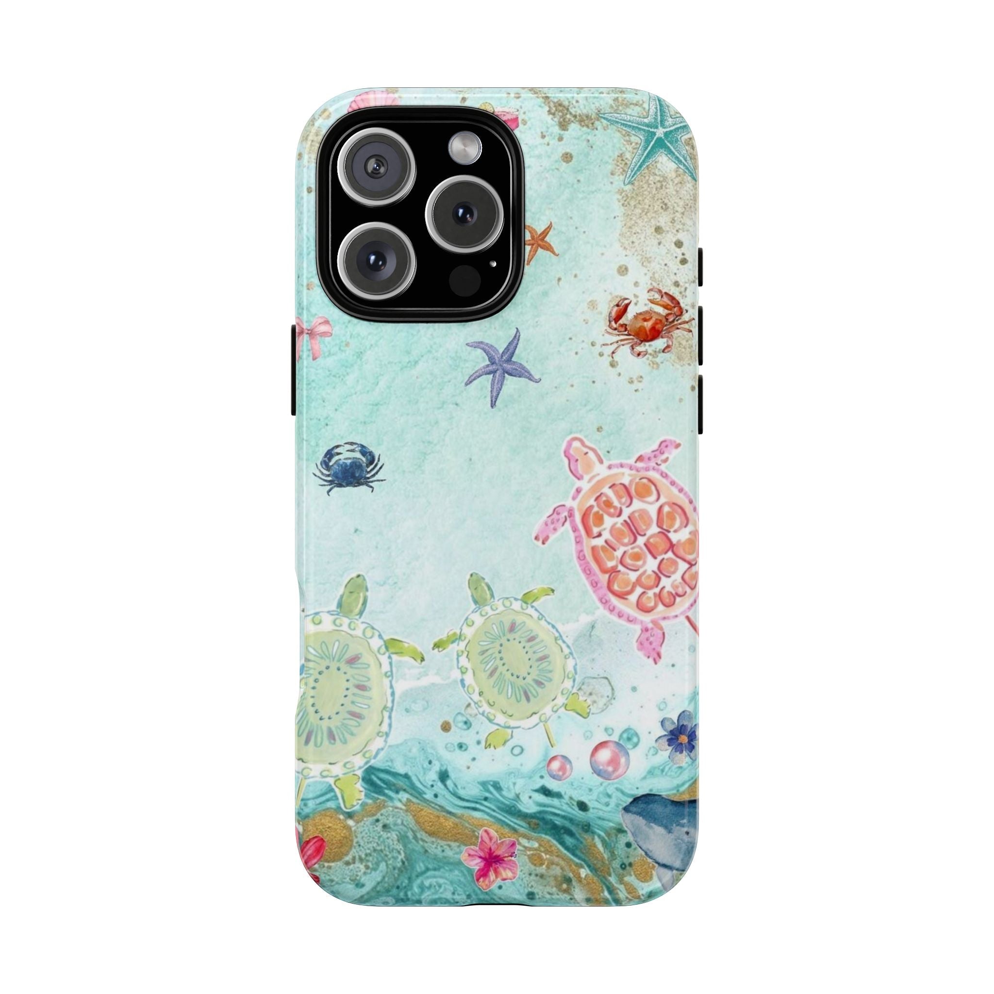 Ocean-themed phone case with blue water print, starfish and turtle; camera cutouts