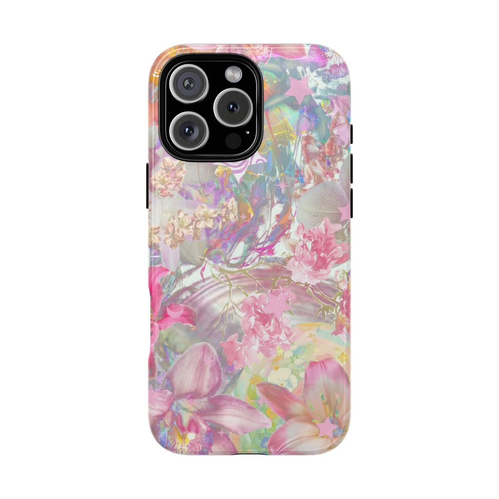 Whimsy orchid florals phone case with pink and purple flower pattern, clear edges