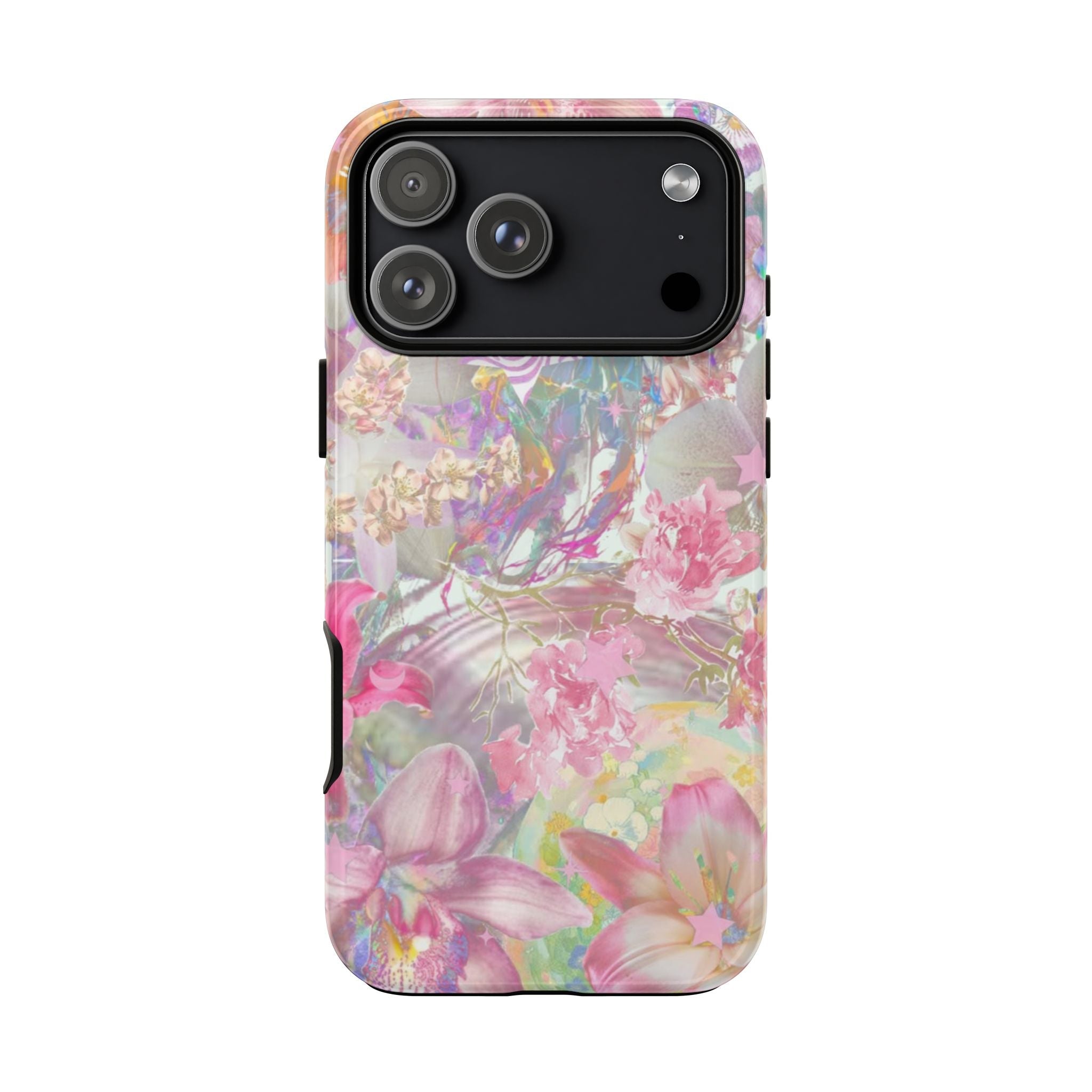 Whimsy orchid florals phone case back with pastel pink, purple, and gold floral design