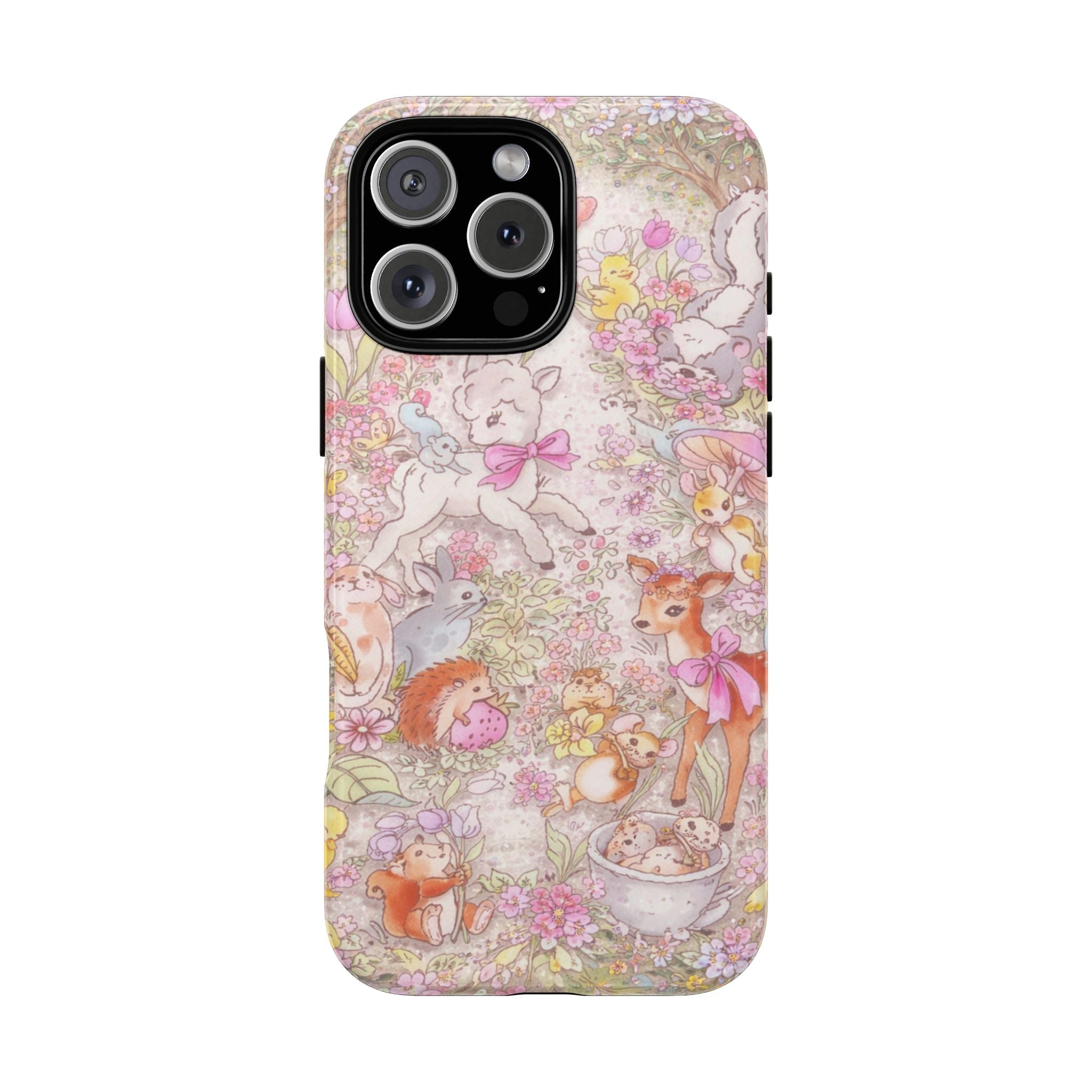 Whimsy Spring phone case with pastel woodland animal floral pattern and bow accents