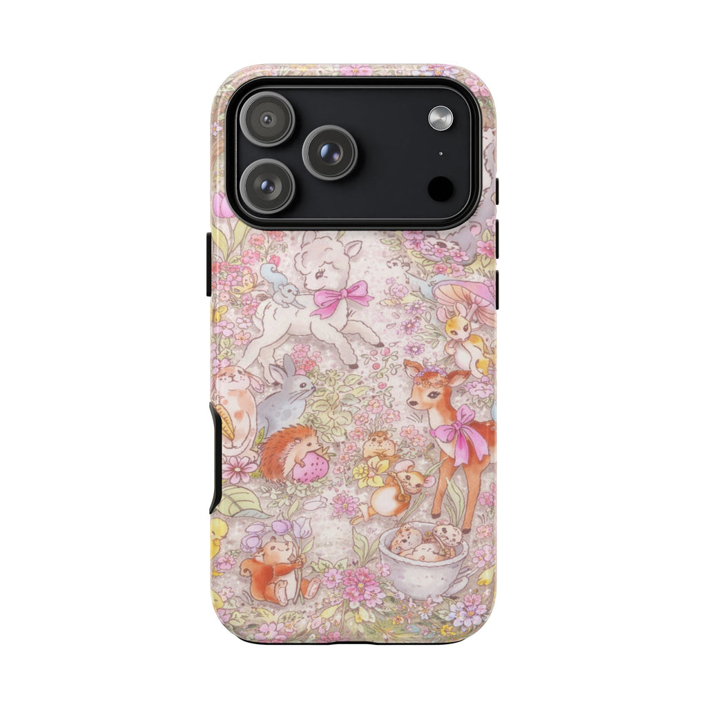 Pastel woodland animal floral phone case; clear case edge and large camera cutout