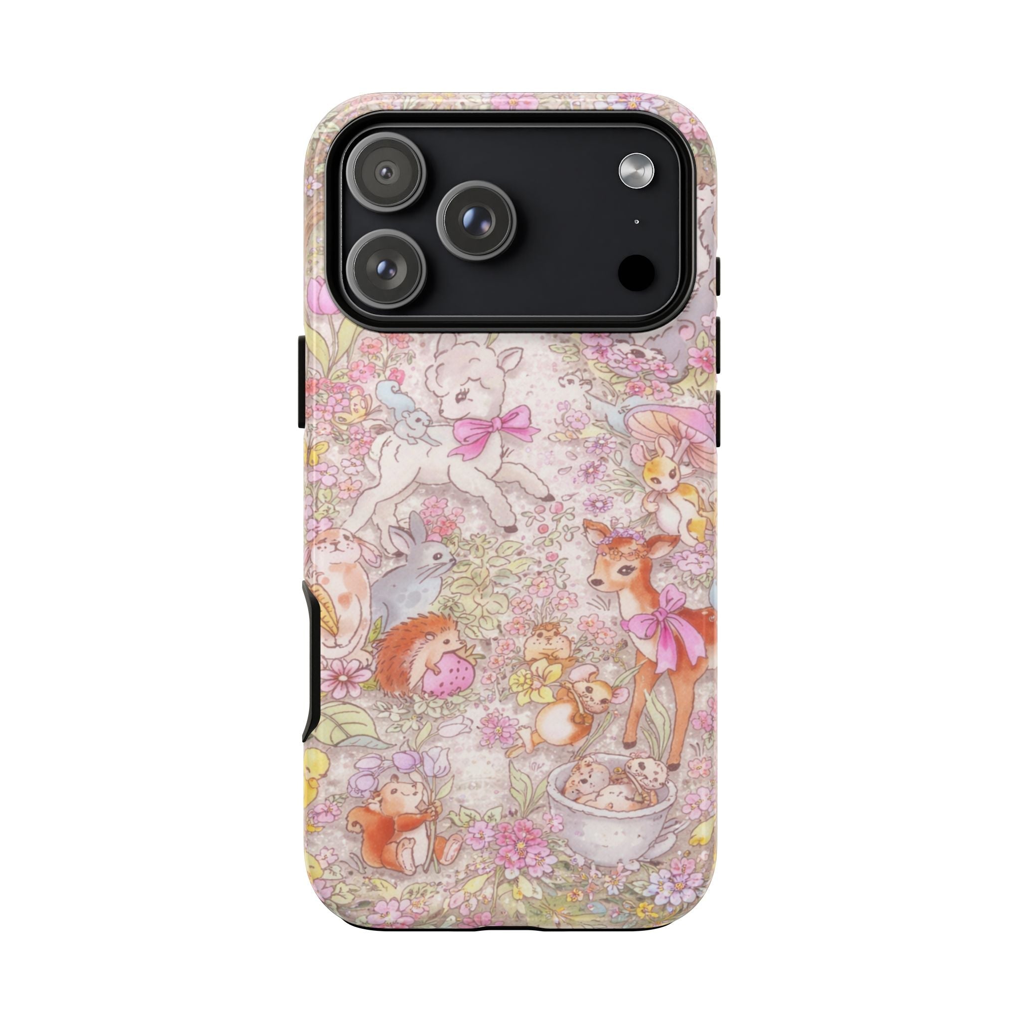 Pastel woodland animal floral phone case; clear case edge and large camera cutout