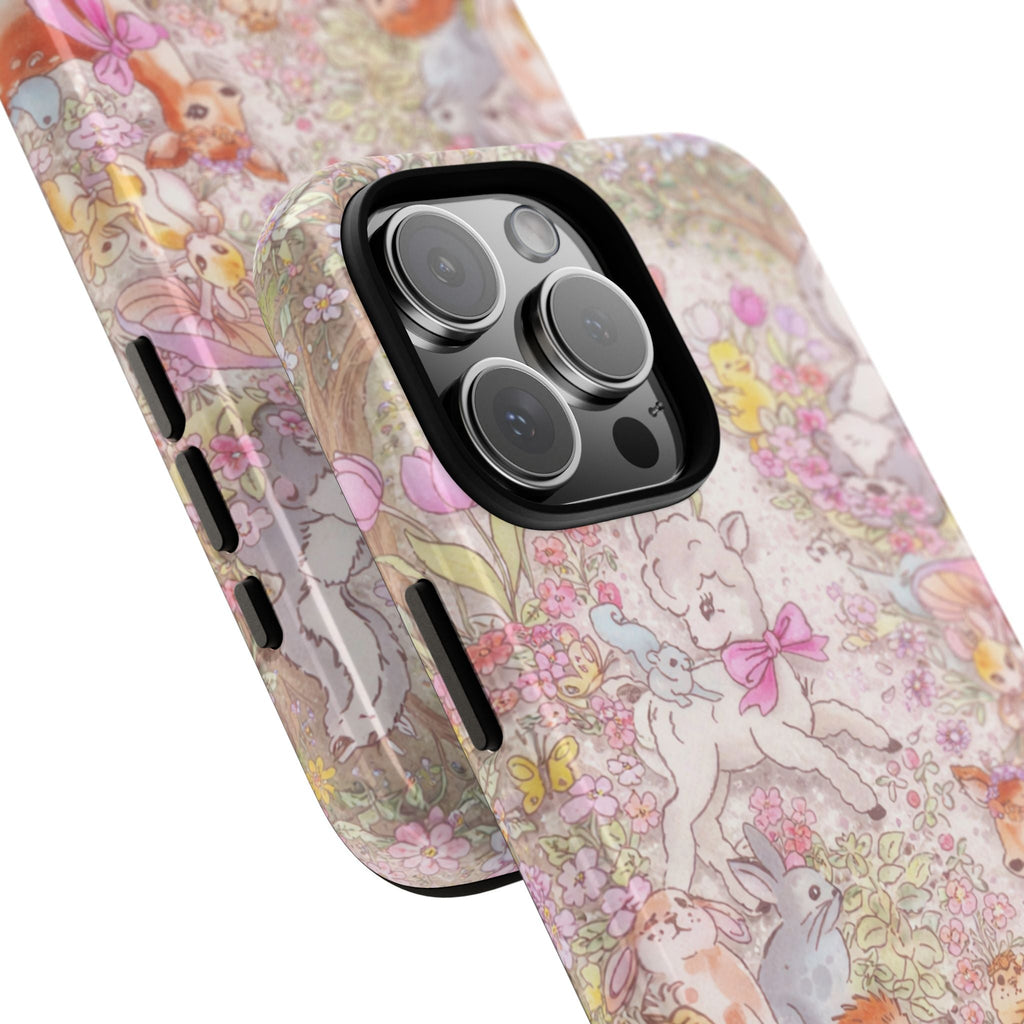 Whimsy Spring phone case side profile showing pastel animal floral design and camera lenses
