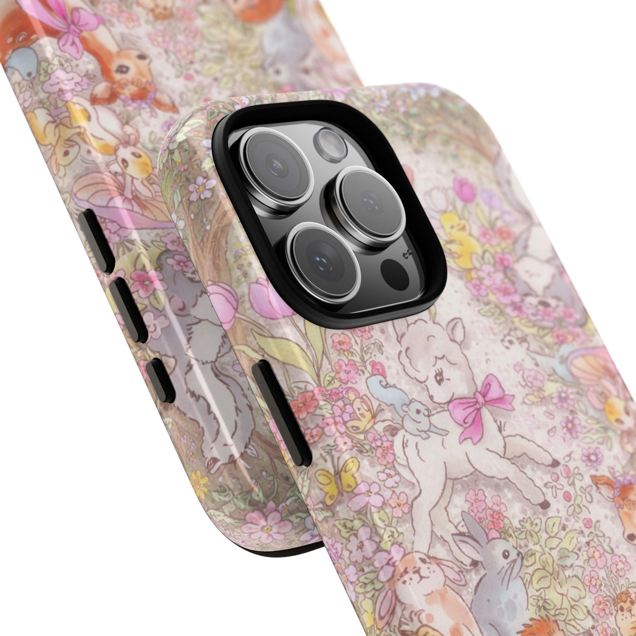 Whimsy Spring phone case side profile showing pastel animal floral design and camera lenses
