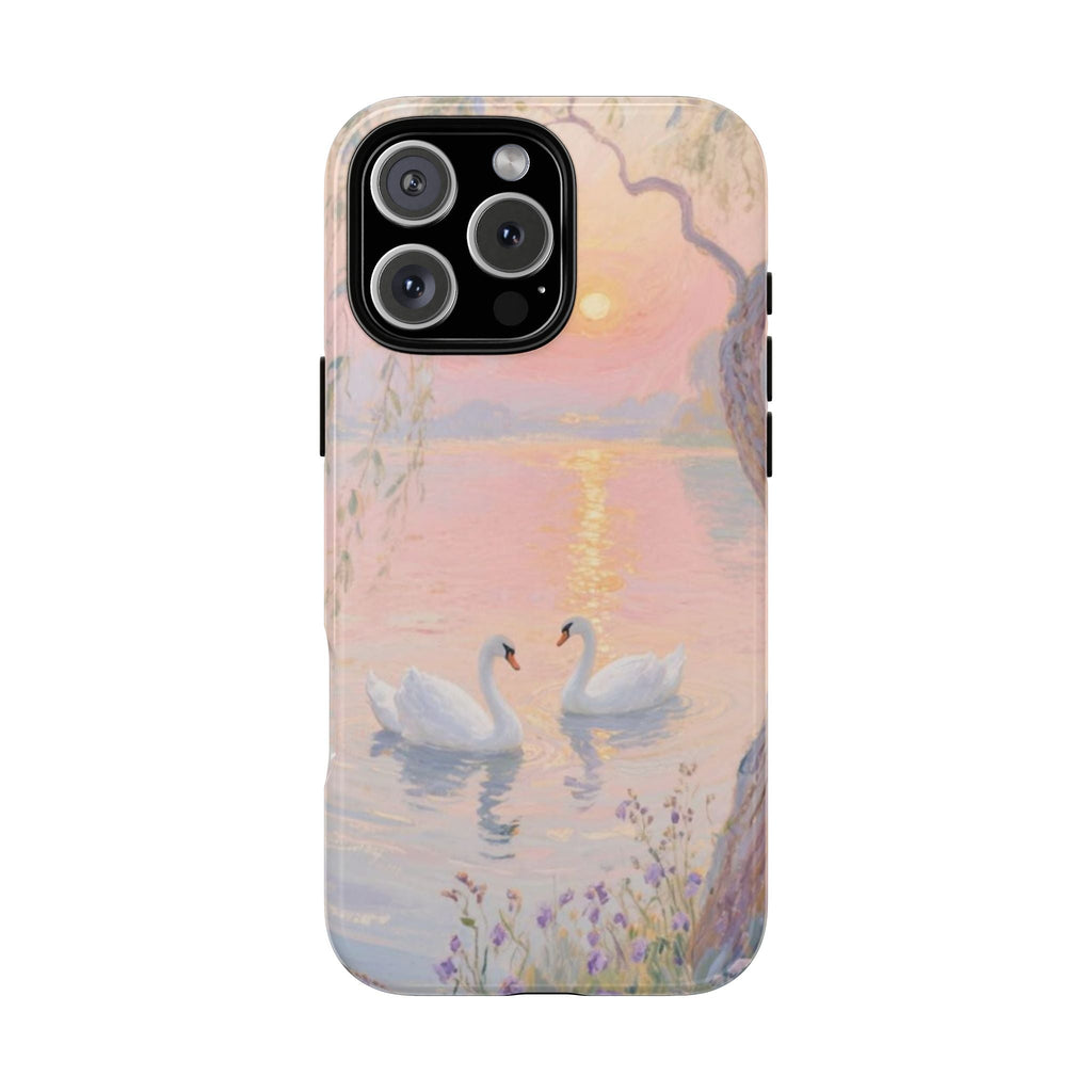 Whimsy swans phone case with pastel lake scene and two blue swans