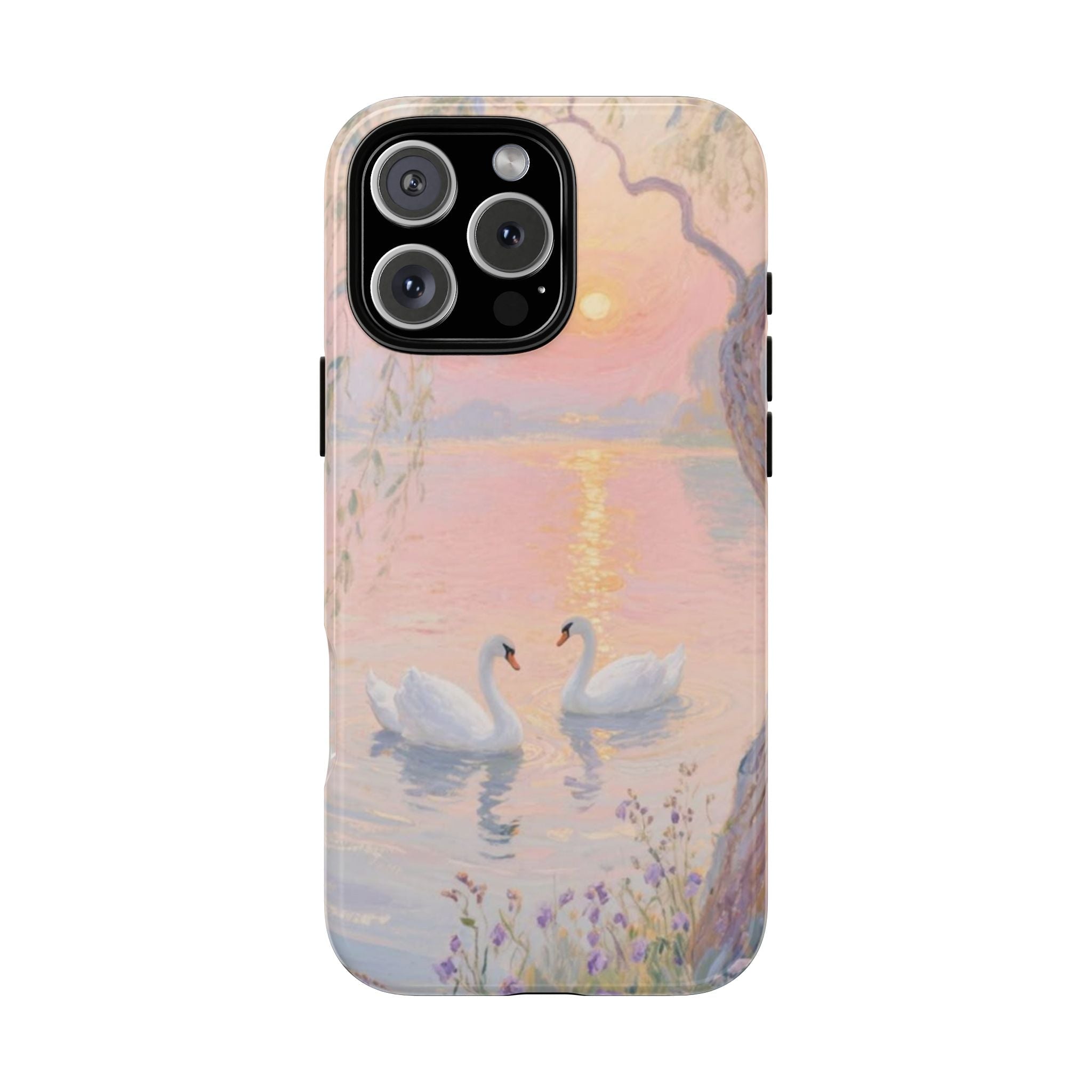 Whimsy swans phone case with pastel lake scene and two blue swans
