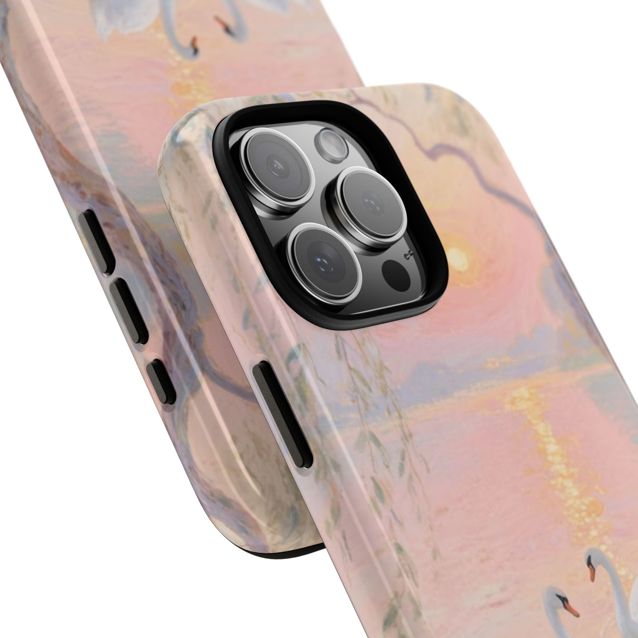 Whimsy swans phone case angled view with pastel swan artwork and black camera cutout