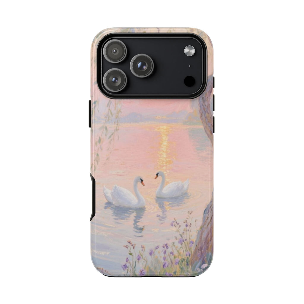 Whimsy swans phone case with pastel pink-and-blue swans and small floral details