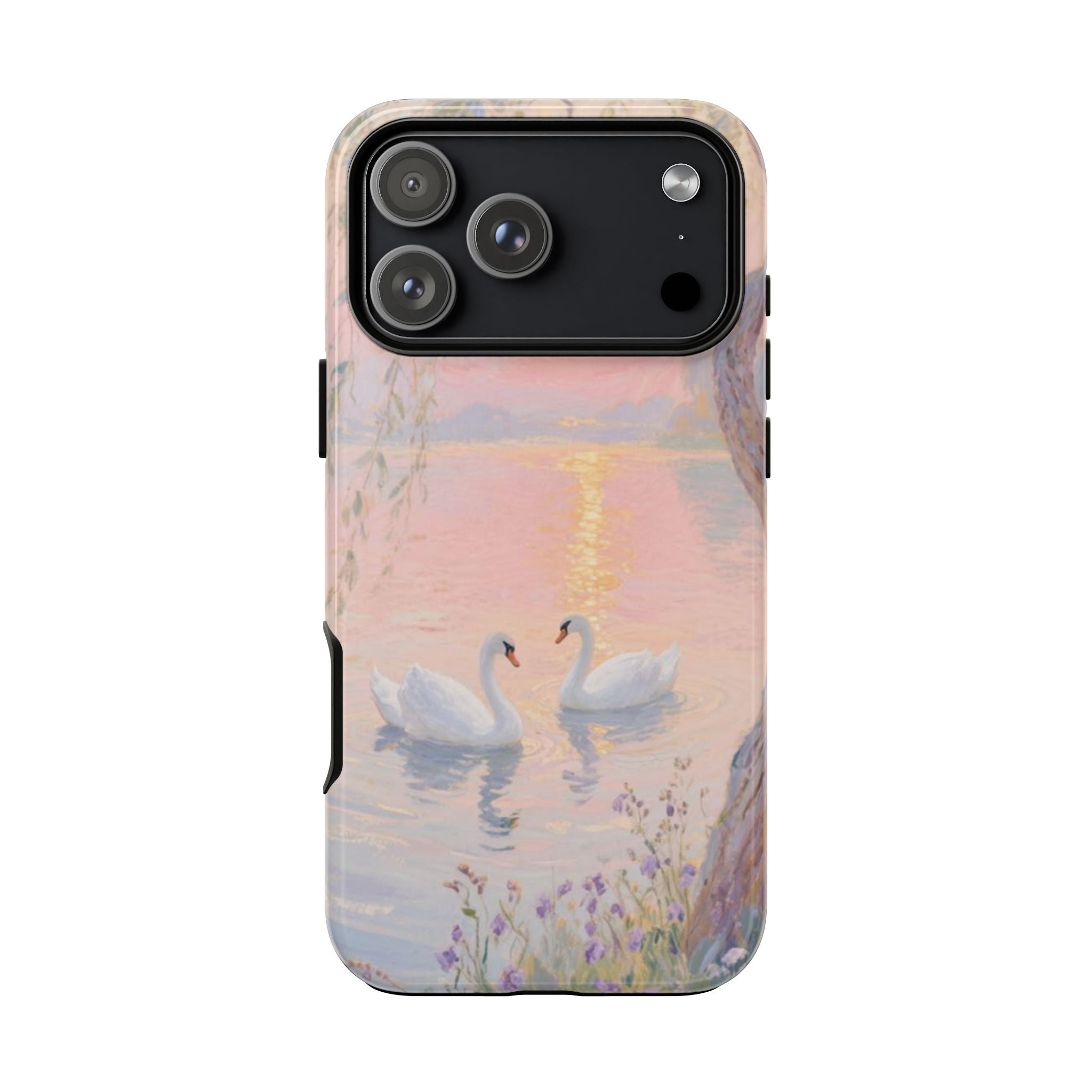 Whimsy swans phone case with pastel pink-and-blue swans and small floral details