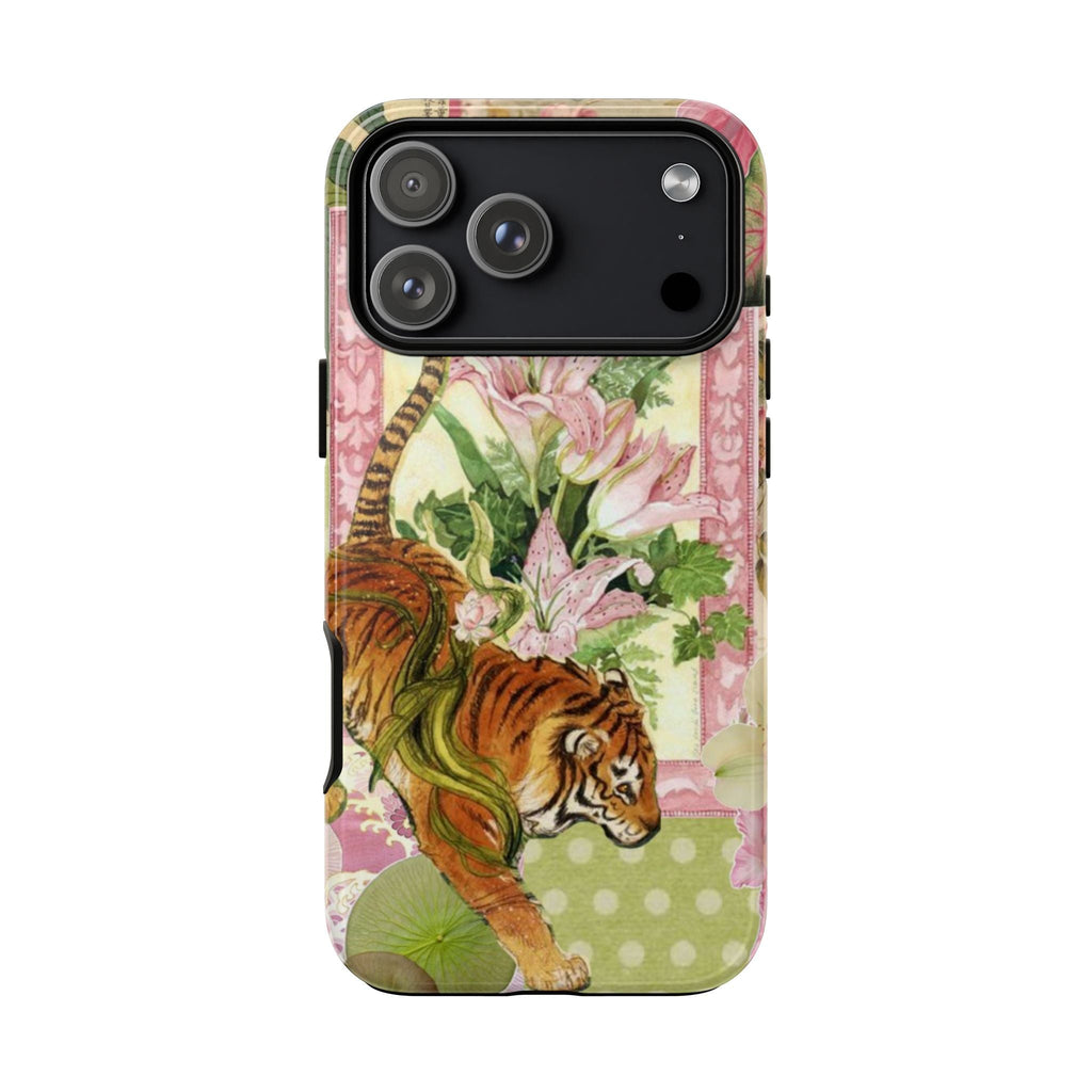 Tiger floral phone case with black camera panel and pink-patch border