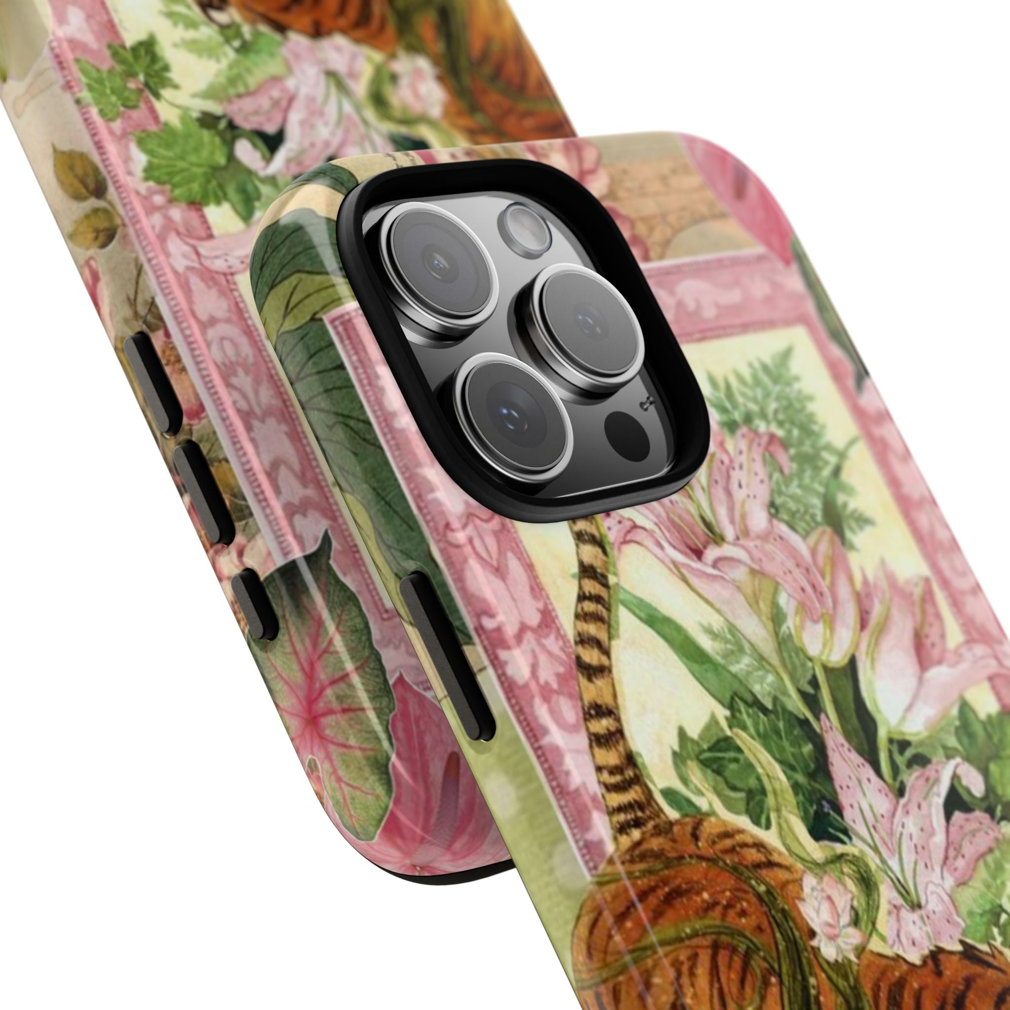 Tiger floral phone case angled, showing raised triple camera cutout