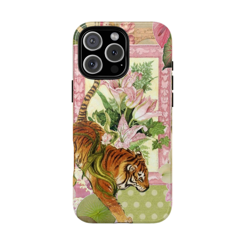 Tiger floral phone case with black camera frame and green polka-dot bottom