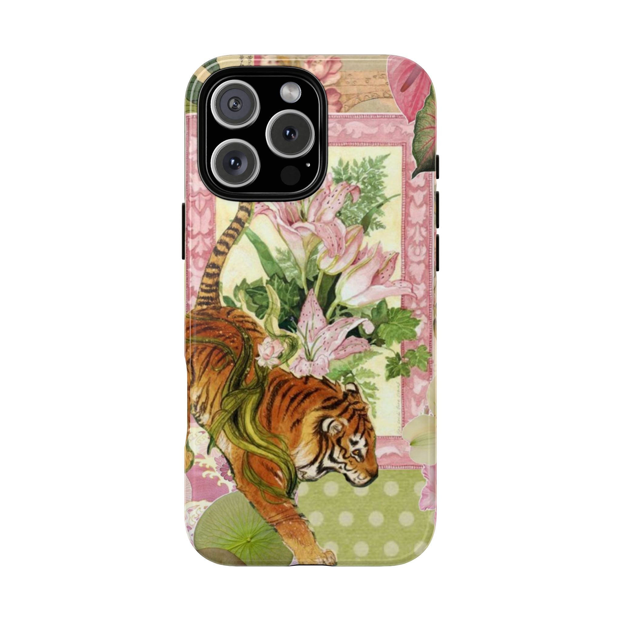 Tiger floral phone case with black camera frame and green polka-dot bottom