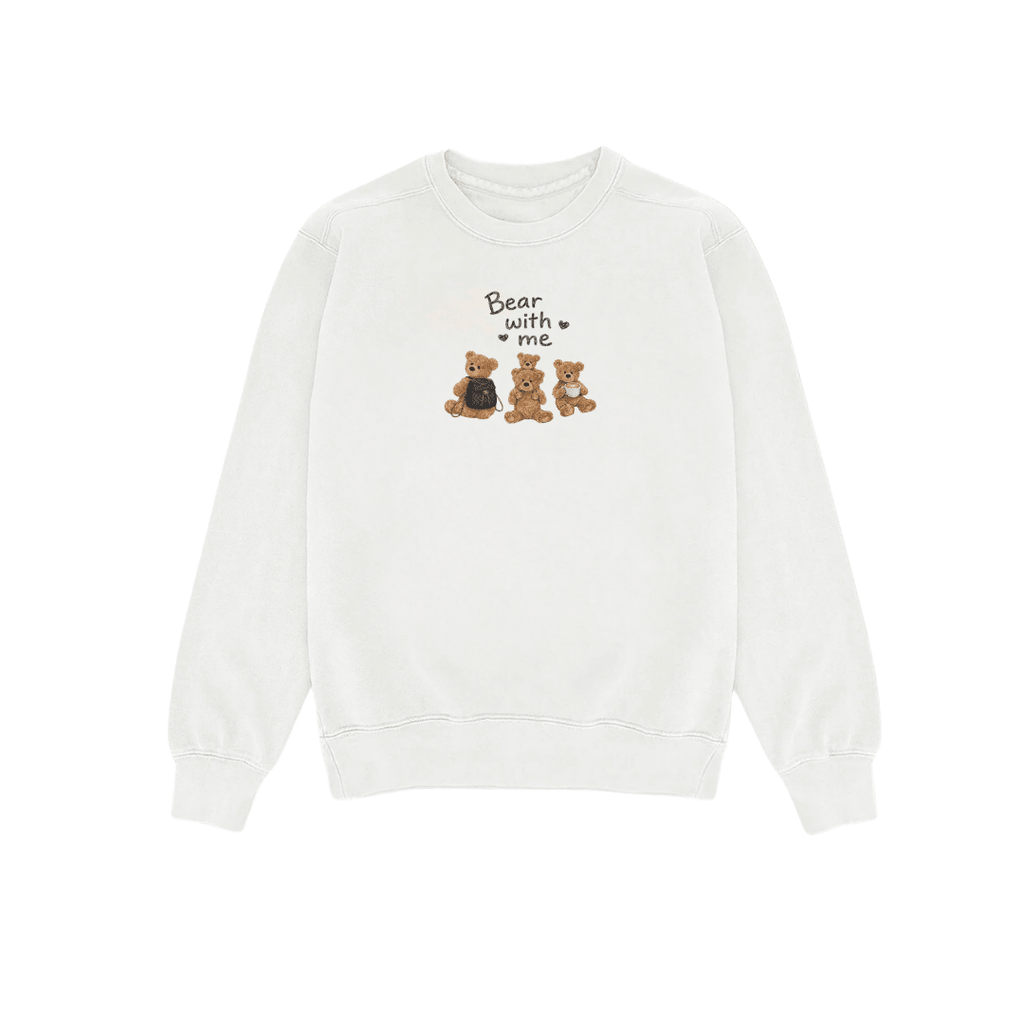 White crewneck sweatshirt with bear family with me print