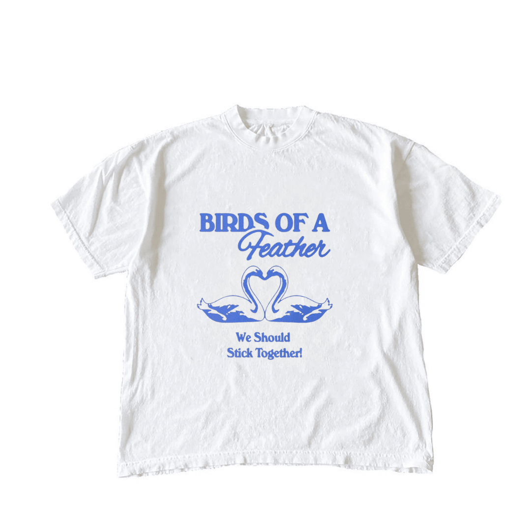 White Birds of a Feather T-shirt, blue heart-and-bird graphic