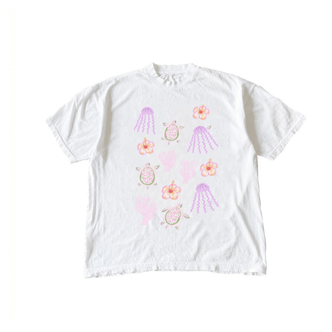 White T-shirt with colorful Malibu coastline beach graphic