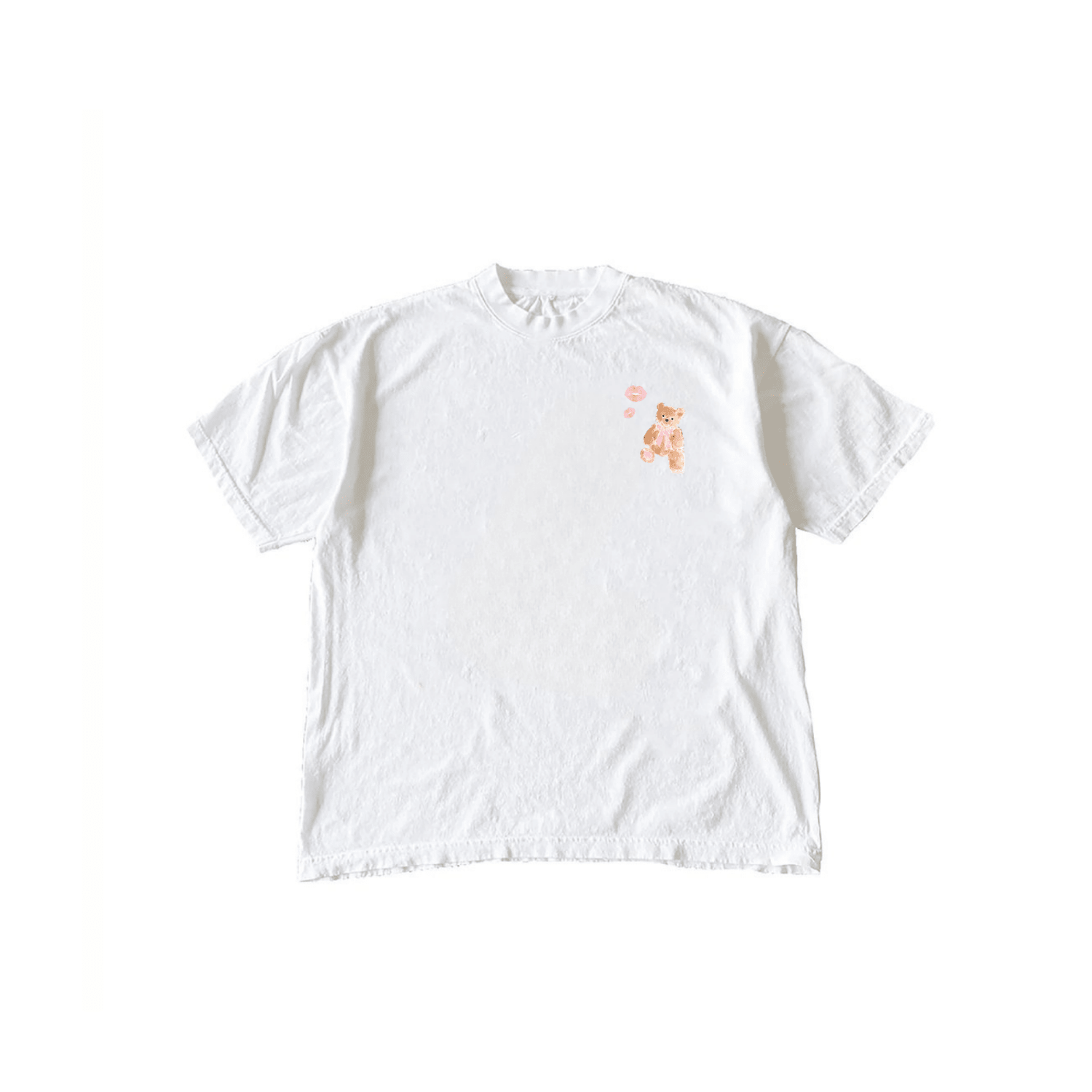 White minimalist teddy bear T-shirt with small chest graphic