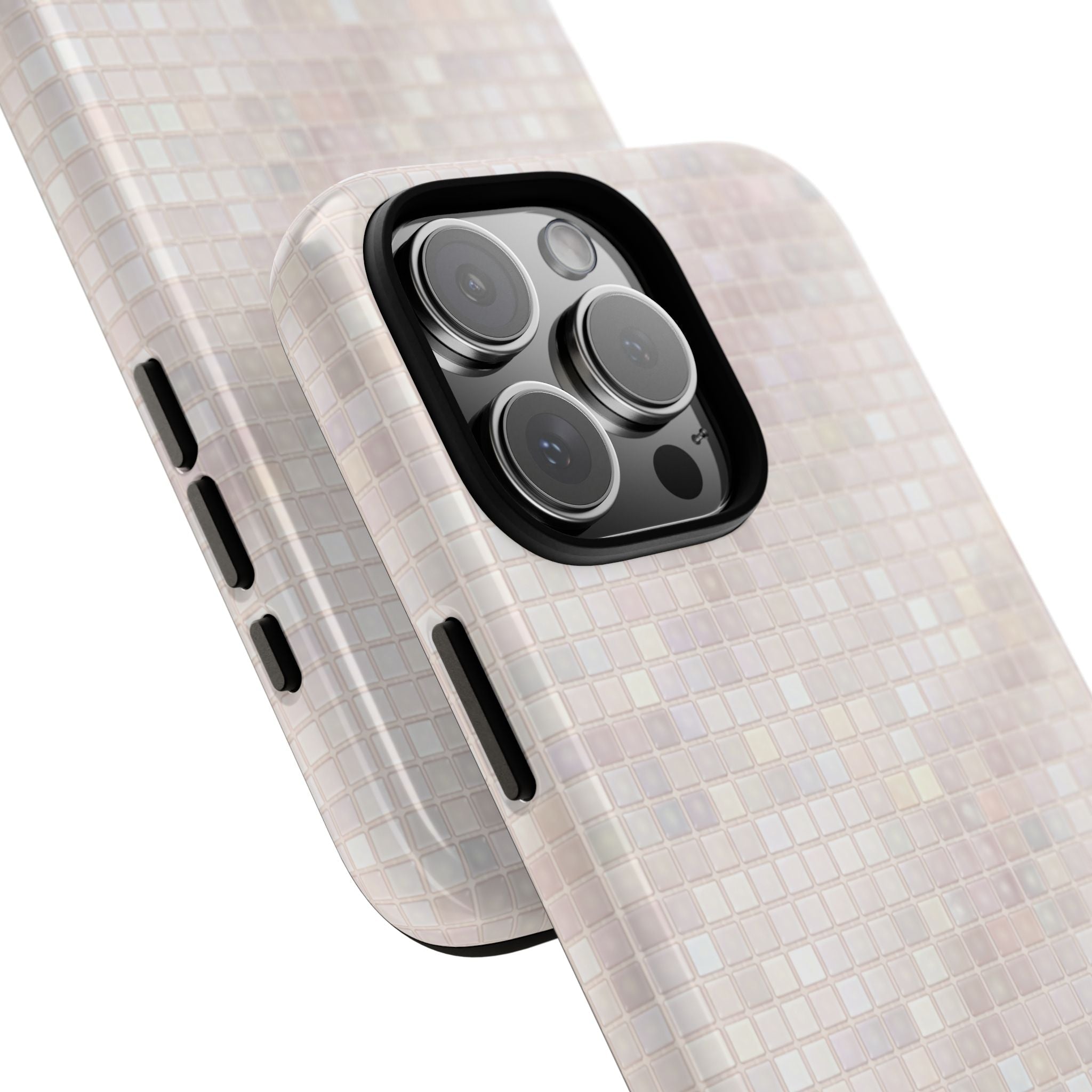 White mosaic phone case angled view showing camera cutout and textured mosaic pattern