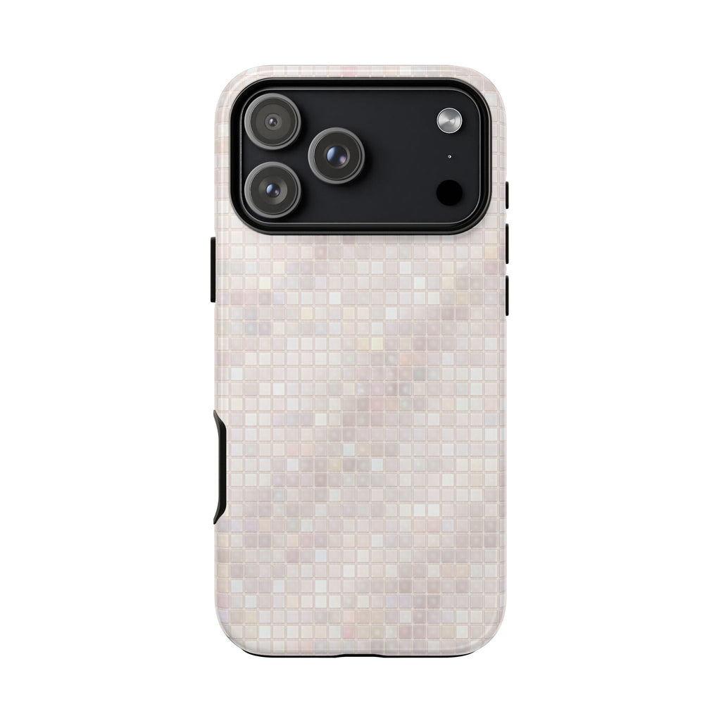 White mosaic phone case, side cutout and camera bump protection, back view