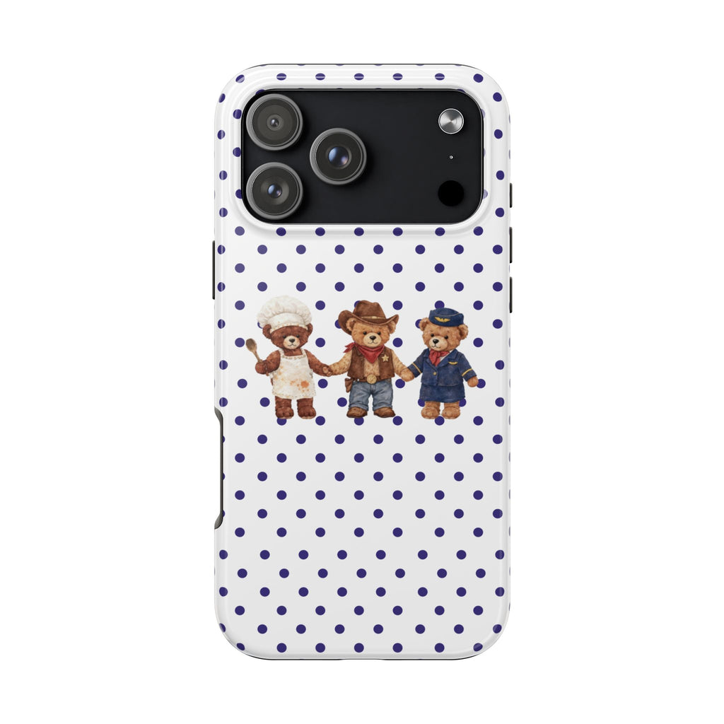 White phone case with navy polka dots and three teddy bear characters
