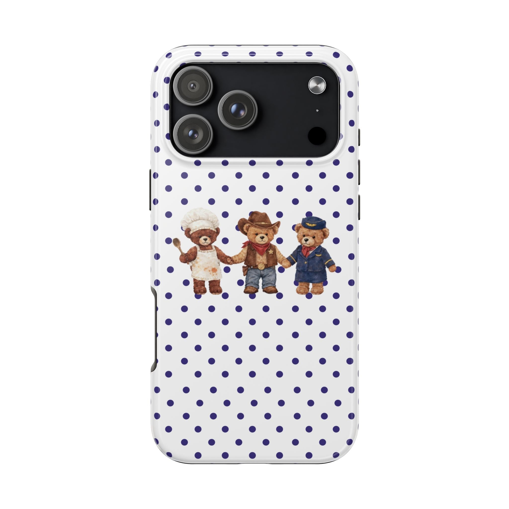 White phone case with navy polka dots and three teddy bear characters