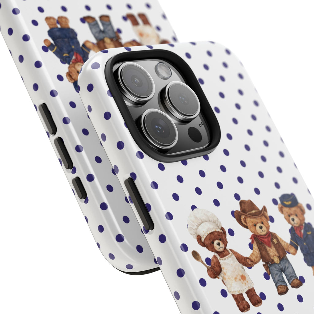 White phone case with navy polka dots, teddy bears, and raised camera cutout