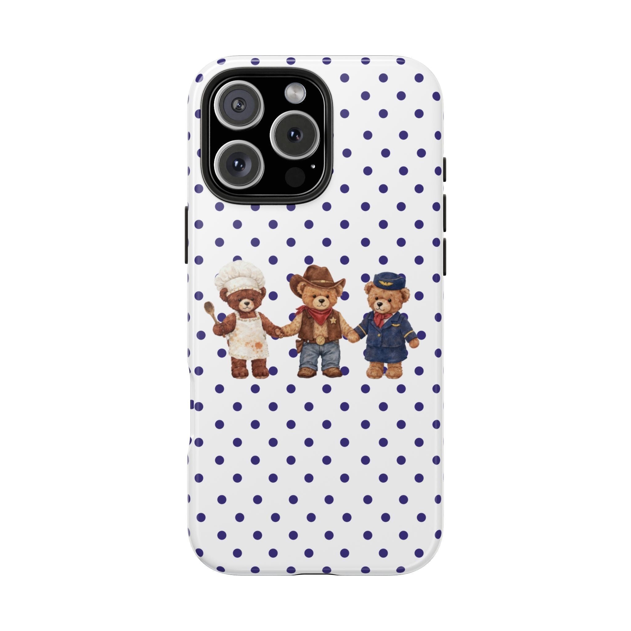 White phone case with navy polka dots and three teddy bears across front