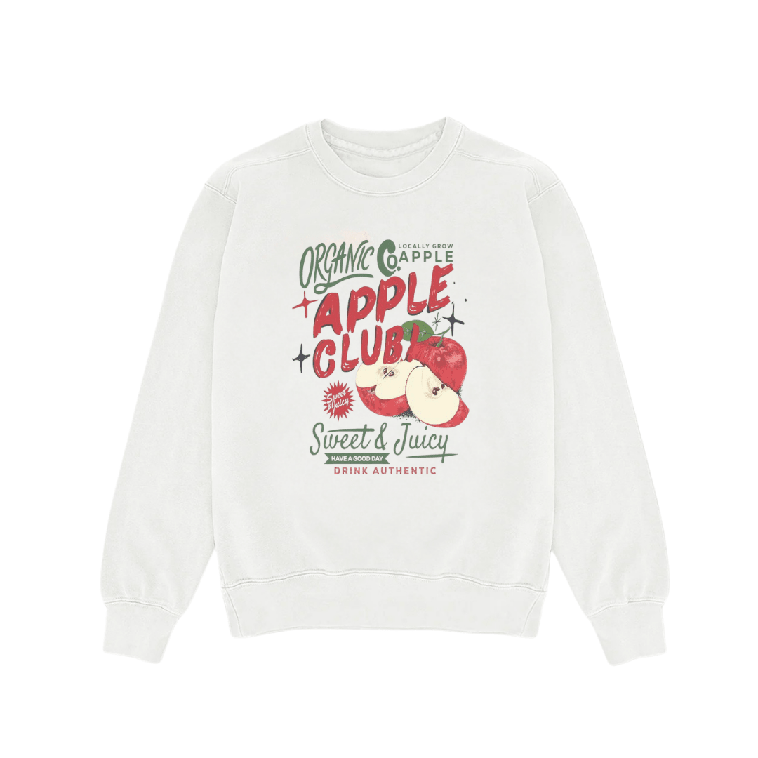 White organic apple club crewneck sweatshirt with colorful apple graphic on chest