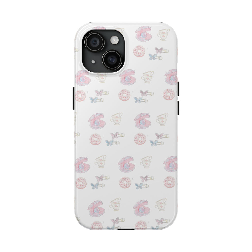 White pearled shell phone case with pastel seashell and bow pattern, front view