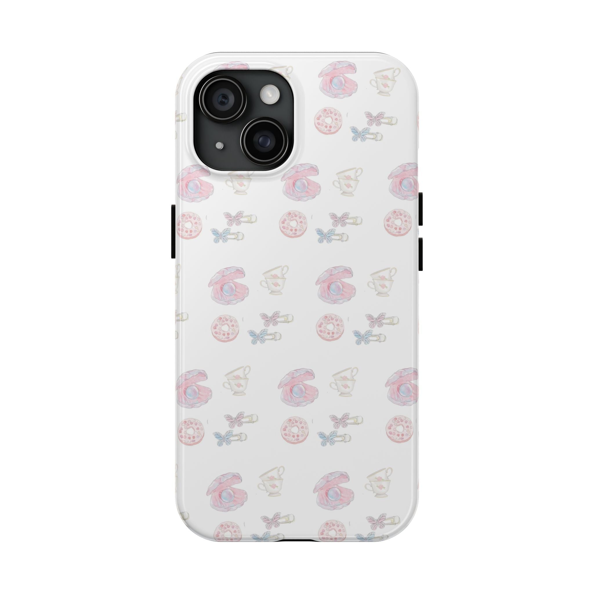 White pearled shell phone case with pastel seashell and bow pattern, front view