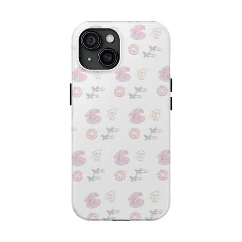 White pearled shell phone case with pastel seashell and bow pattern, front view