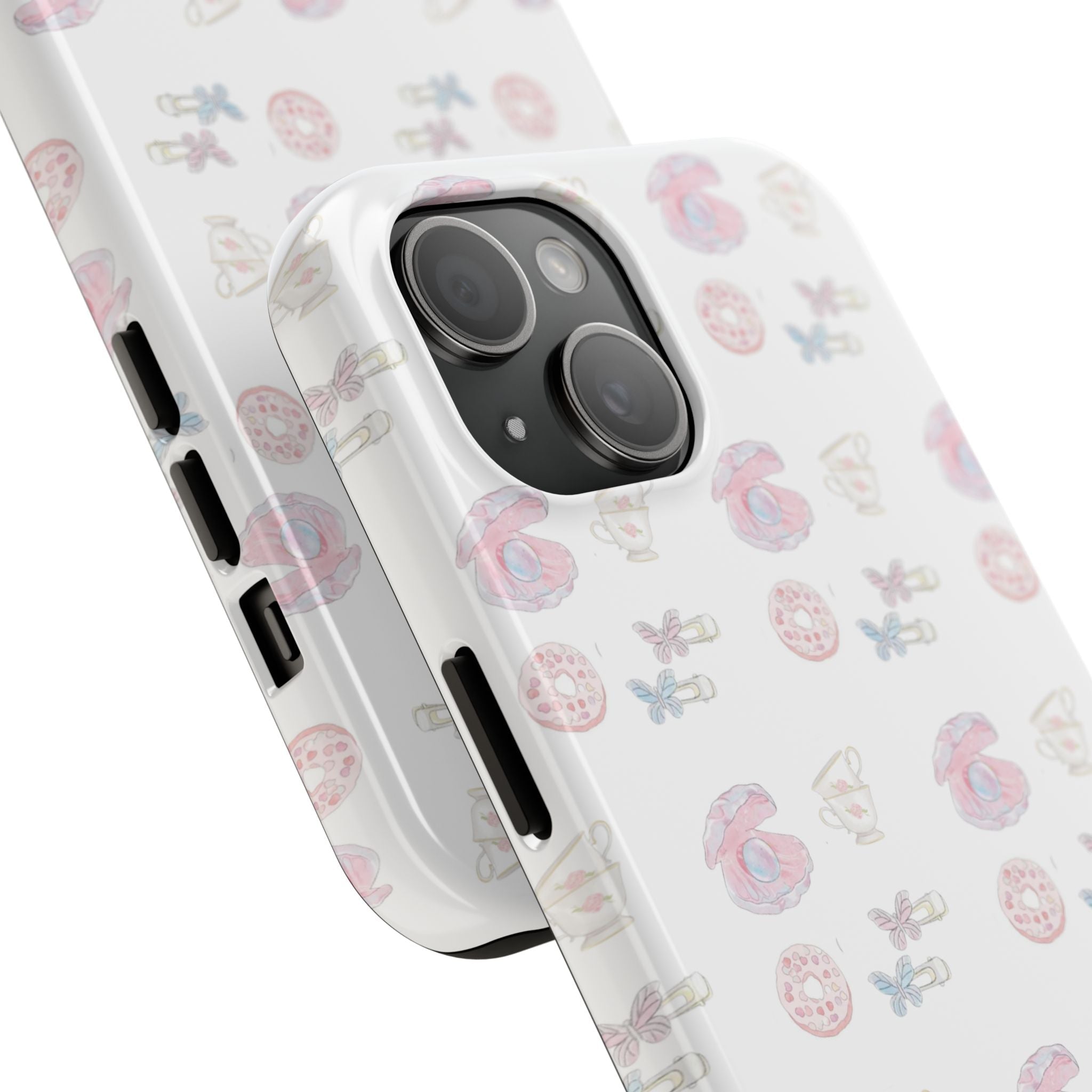 White pearled shell phone case, angled view with pastel seashell pattern and side buttons