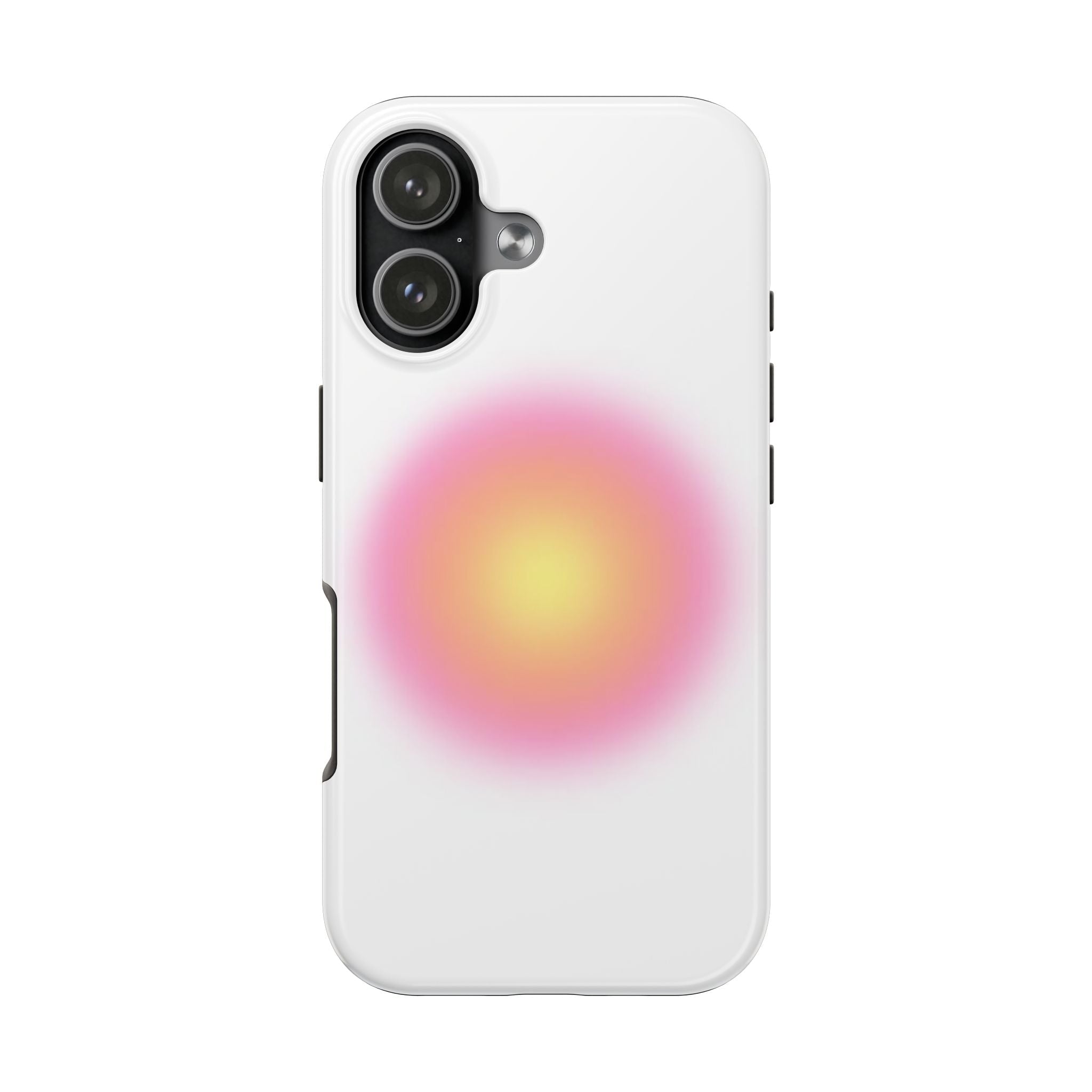 White and pink aura phone case with circular pastel glow and camera cutout