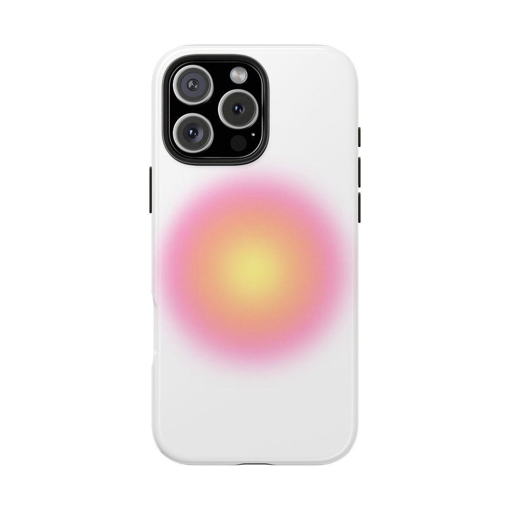White/pink aura phone case with pastel circle glow and triple-lens camera opening