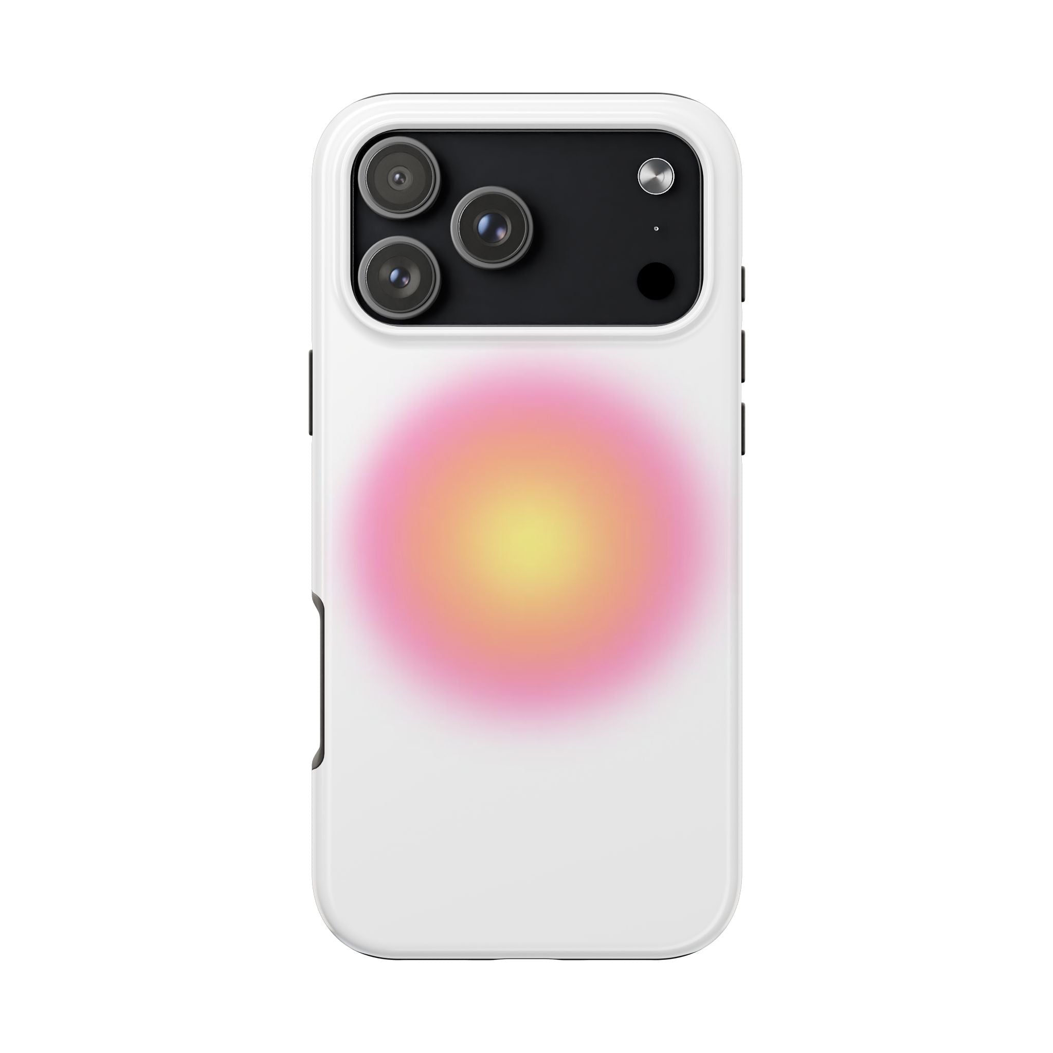 White phone case with pink-yellow aura circle and raised camera bump