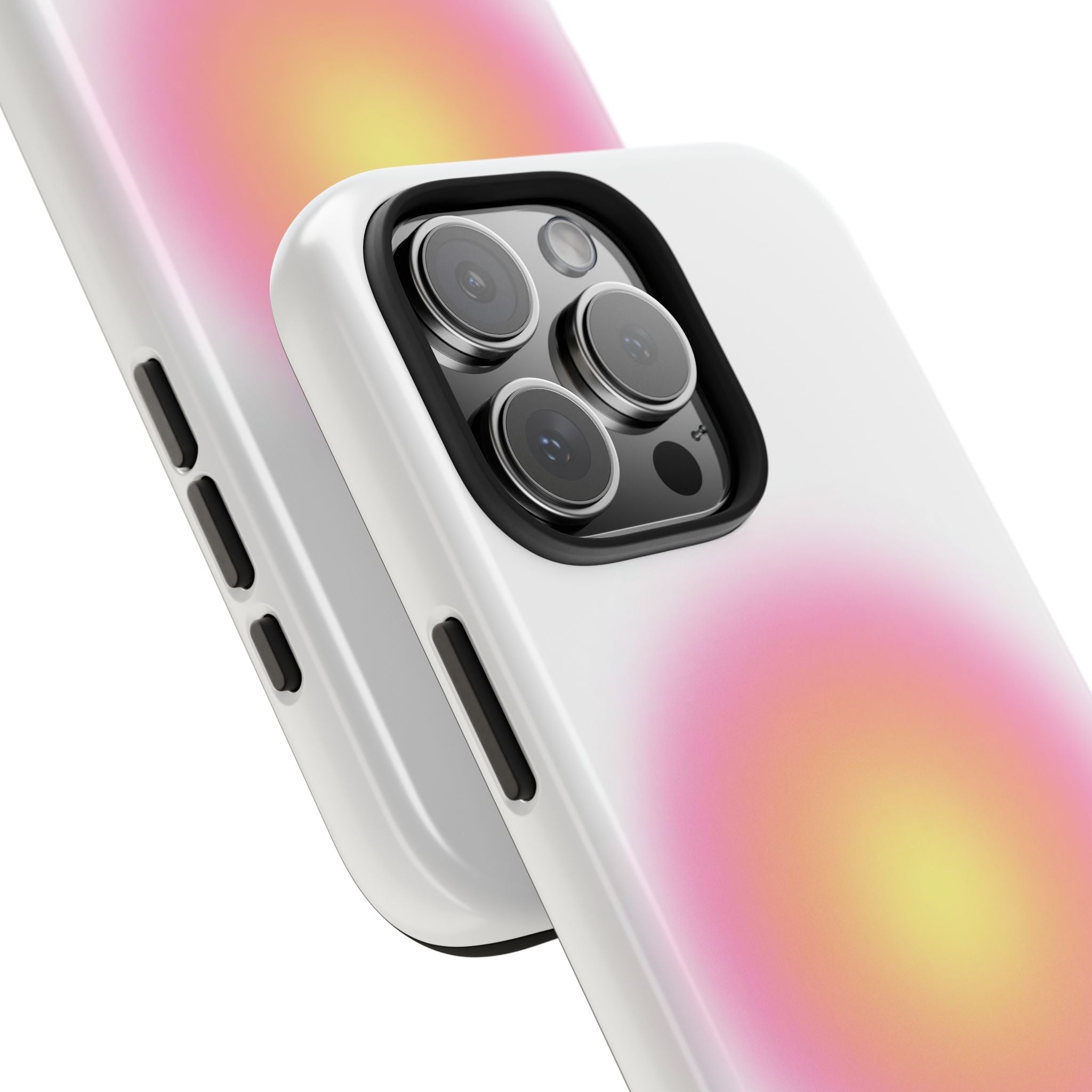 Close-up white aura phone case with pastel pink-yellow glow, side buttons and lens cutouts