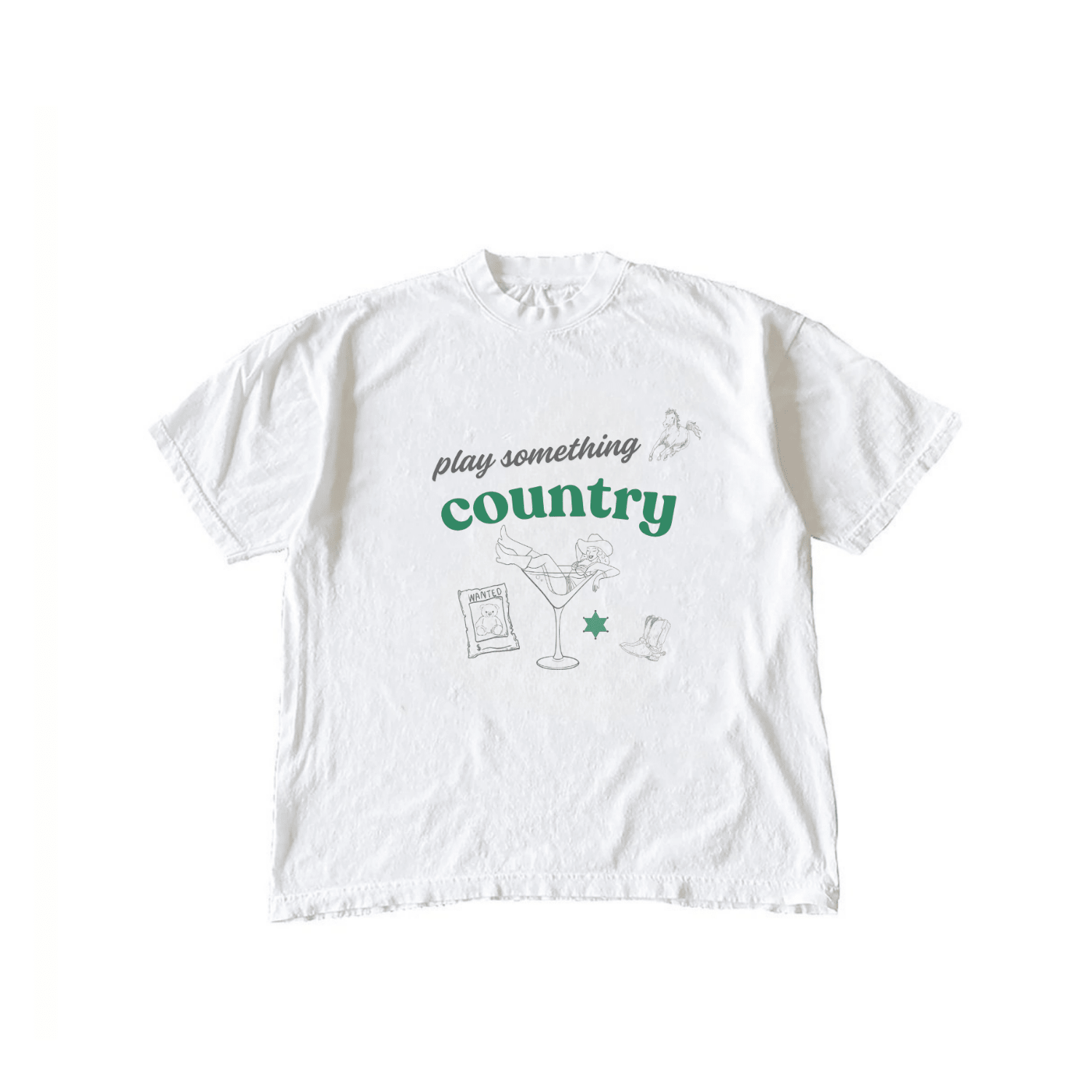 White play something country T-shirt with green graphic and drink illustration