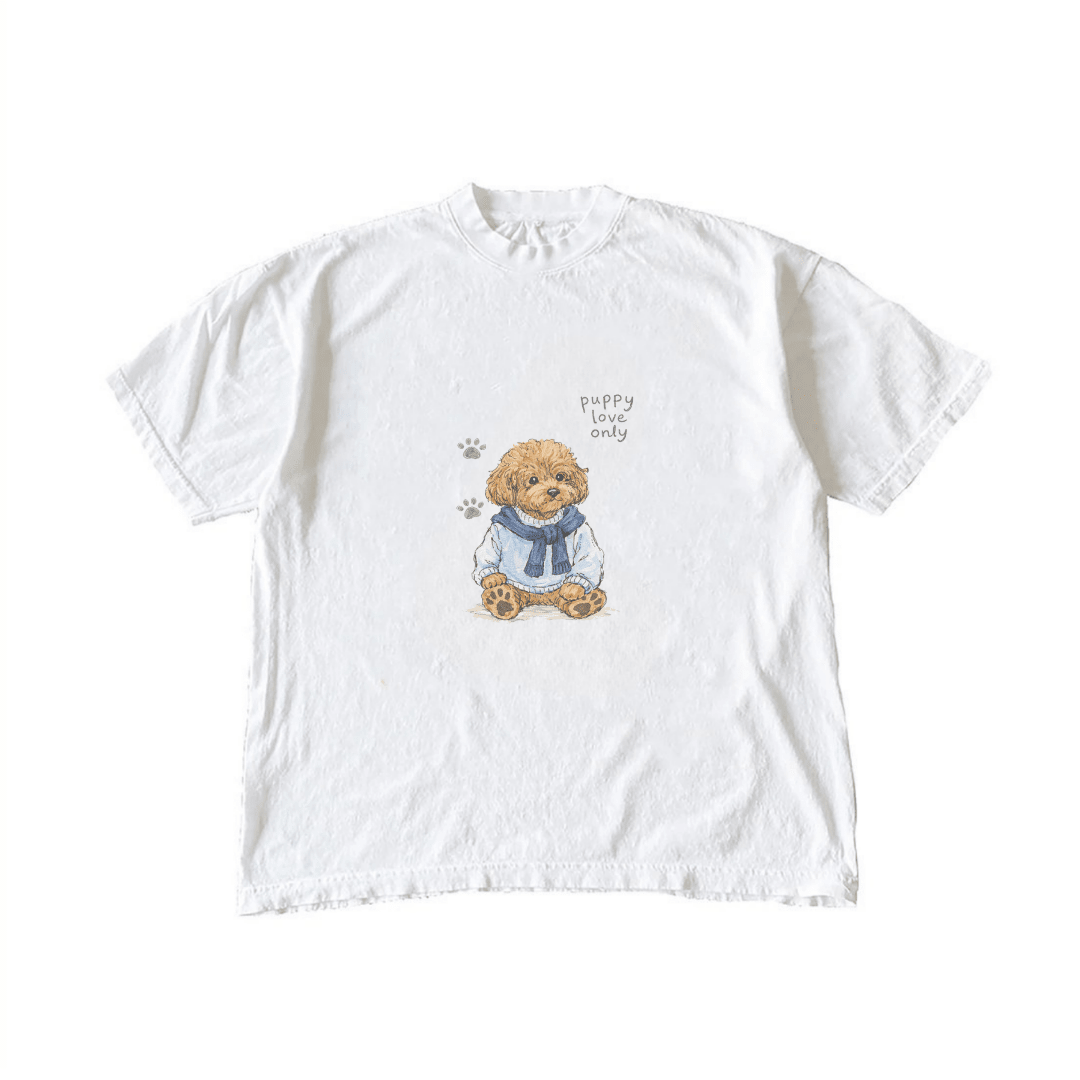 White T-shirt with puppy graphic and paw prints, crew neck