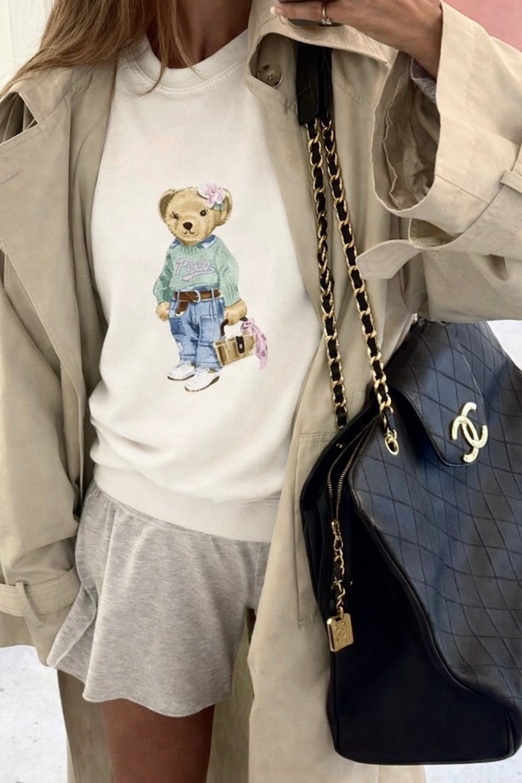White teddy bear crewneck sweatshirt with front graphic, long sleeves