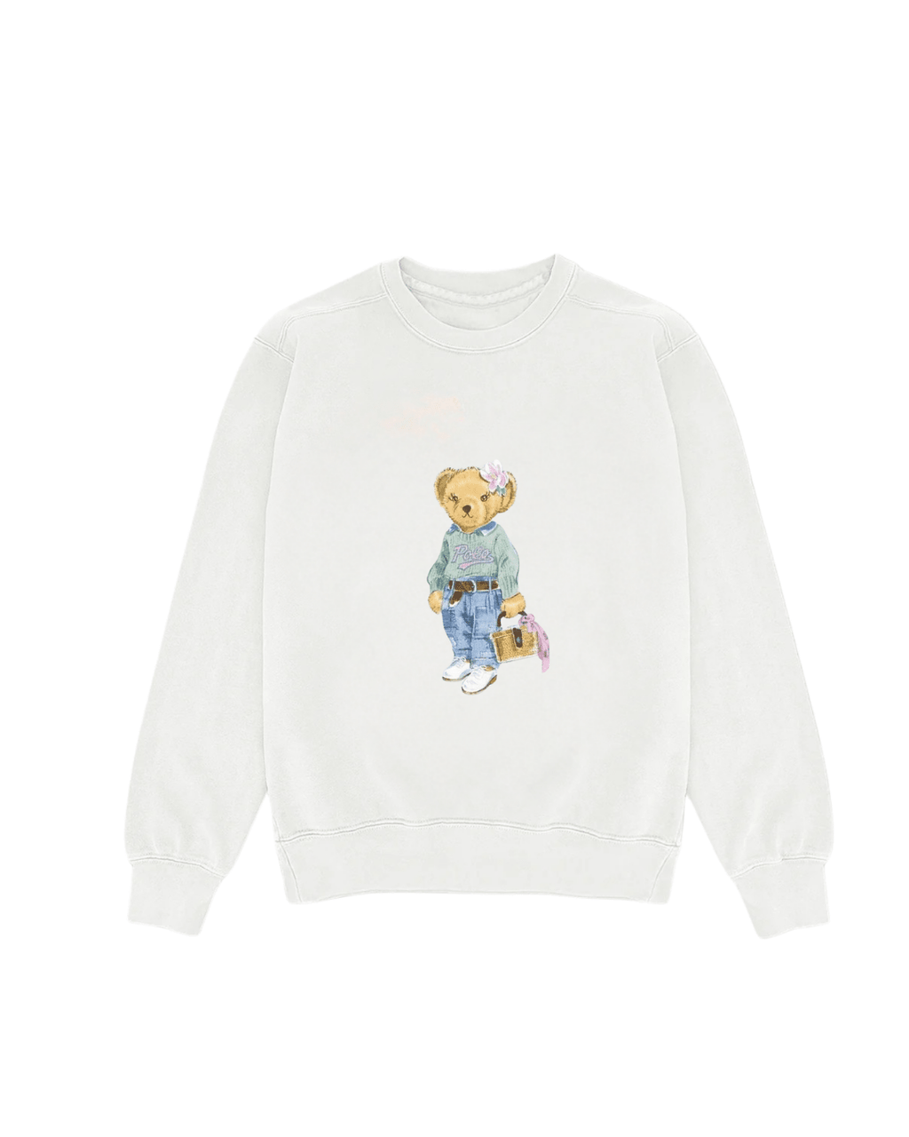 White crewneck sweatshirt with centered teddy bear print